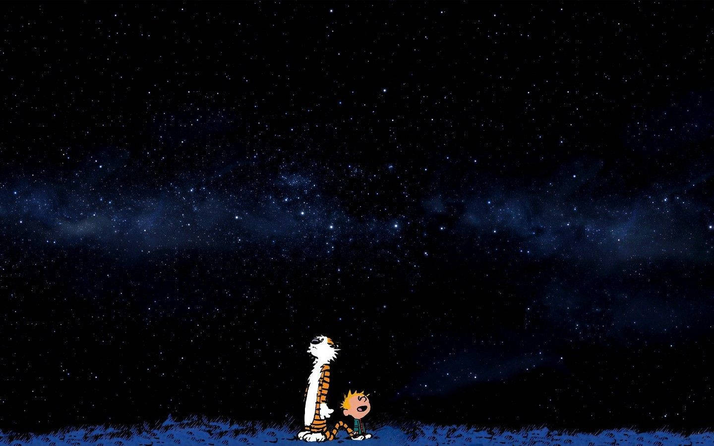 「在繁星下盡享寧靜時光」 壁紙 — 卡爾文和他的老虎站在廣闊的星空下，星空充滿了發光的星星和宇宙雲。