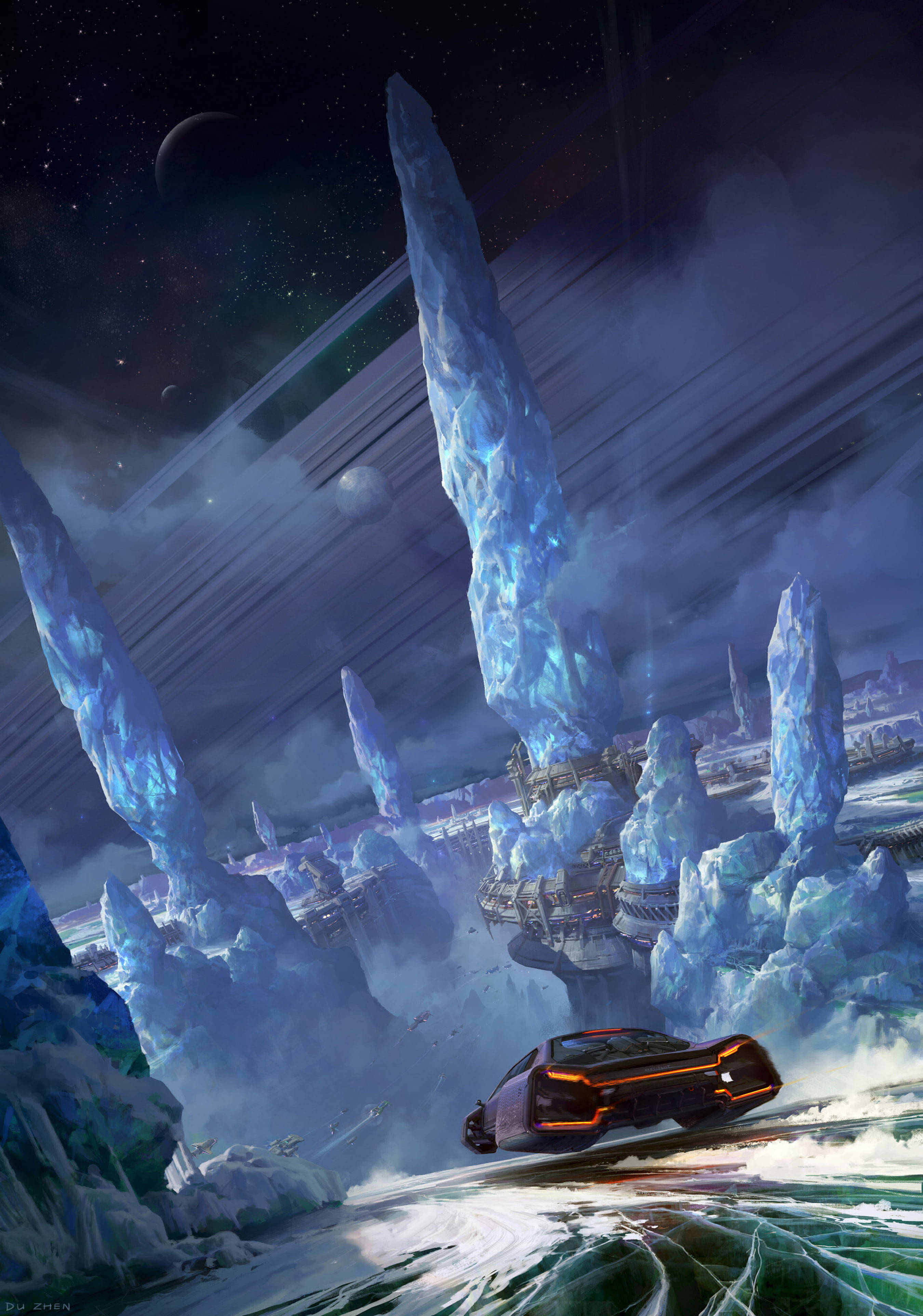 speeding car 桌布 壁紙 — 在繁星點點的外星天空下，一輛流線型未來汽車在冰封地形上疾馳，穿過高聳的水晶尖塔。