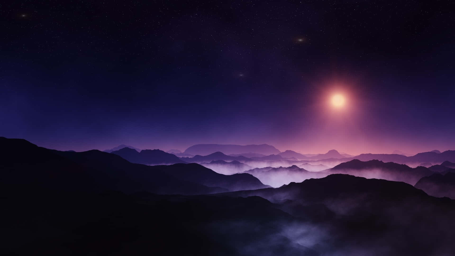 Midnight 桌布 壁紙 — 在繁星點點的夜空下，一個發光的天體投射出紫色色調，籠罩在迷霧中的超現實山脈。