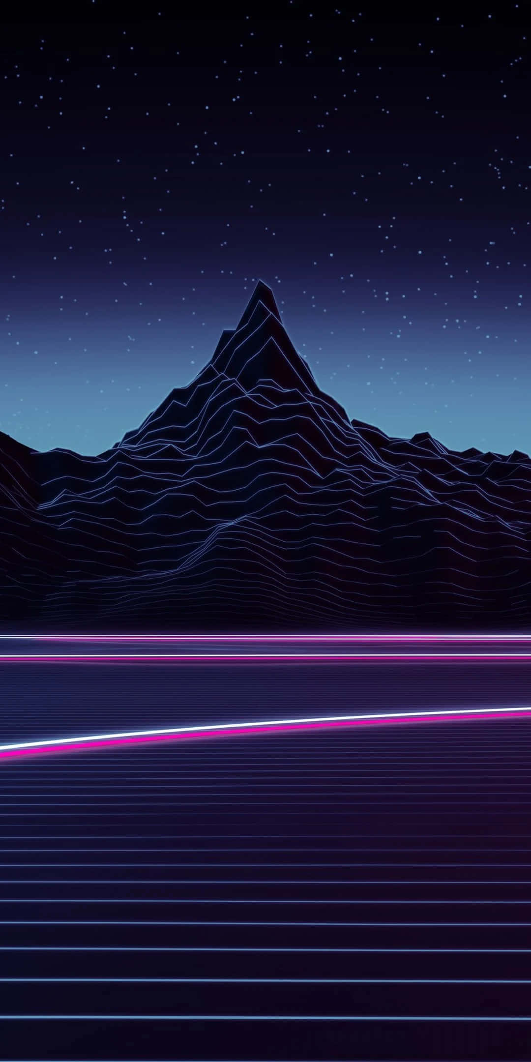 Trippy Neon Lights 桌布 壁紙 — 在繁星點點的夜空下，前景中帶有發光霓虹線條的復古未來主義山脈輪廓。