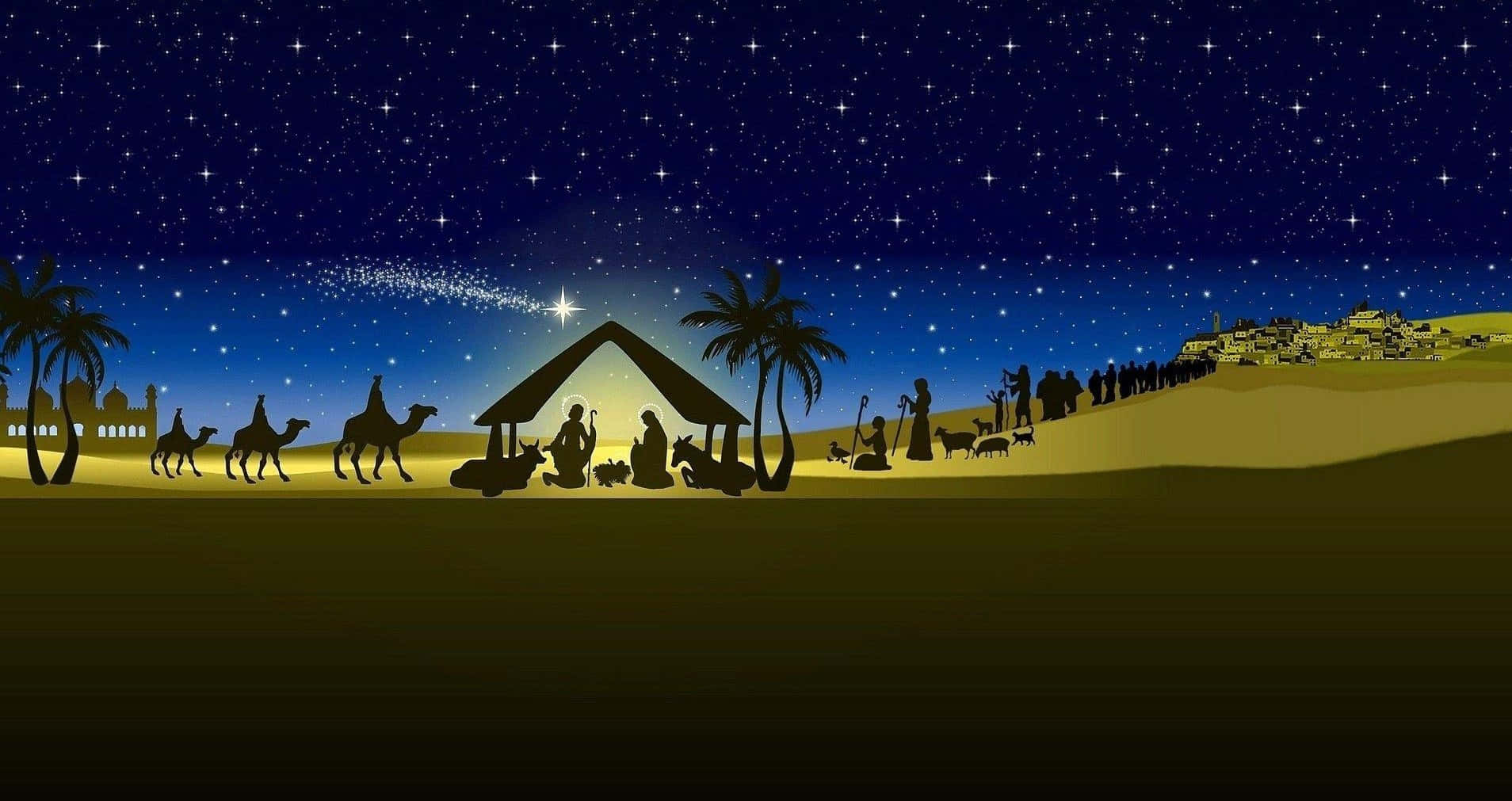 Nativity Scene 桌布 壁紙 — 在繁星點點的夜空下，馬槽上方有一顆明亮的星星，駱駝正在靠近的剪影耶穌誕生場景。