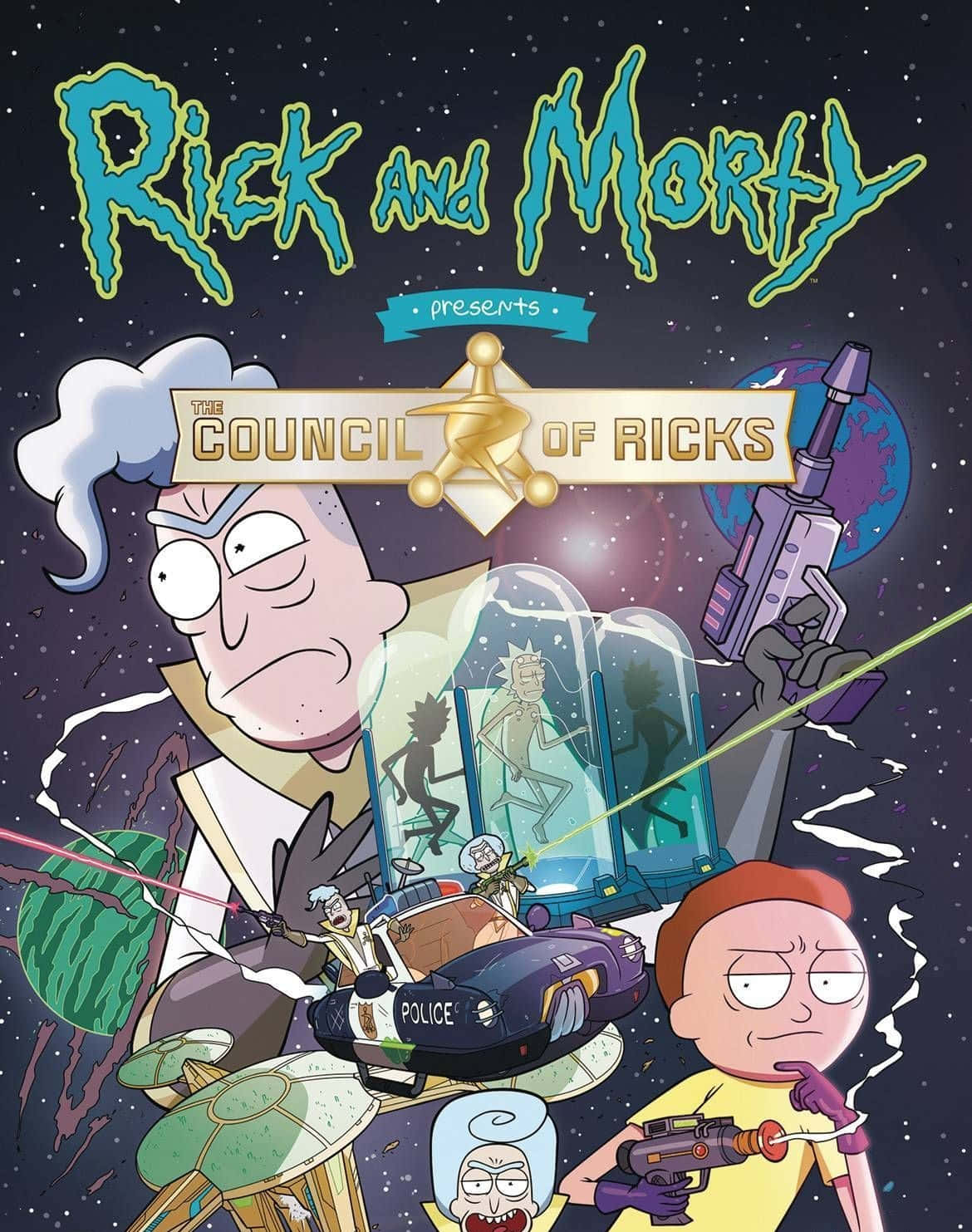 The Council Of Ricks 桌布 壁紙 — 在繁星點點的宇宙背景下，瑞克和莫蒂角色在混亂的太空場景中使用武器和外星車輛。