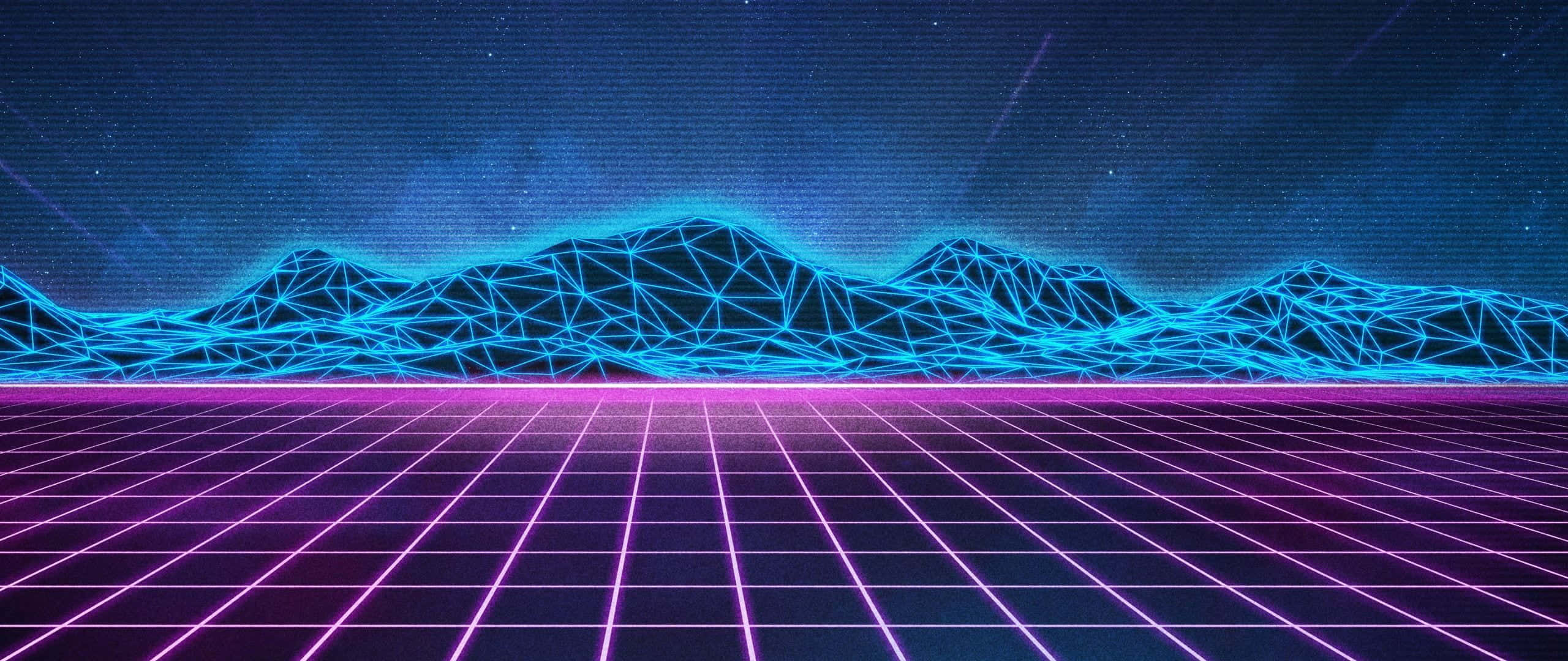 Trippy Neon Lights 桌布 壁紙 — 在繁星點點的數碼夜空下，霓虹網格地板延伸向發光的藍色幾何山脈。