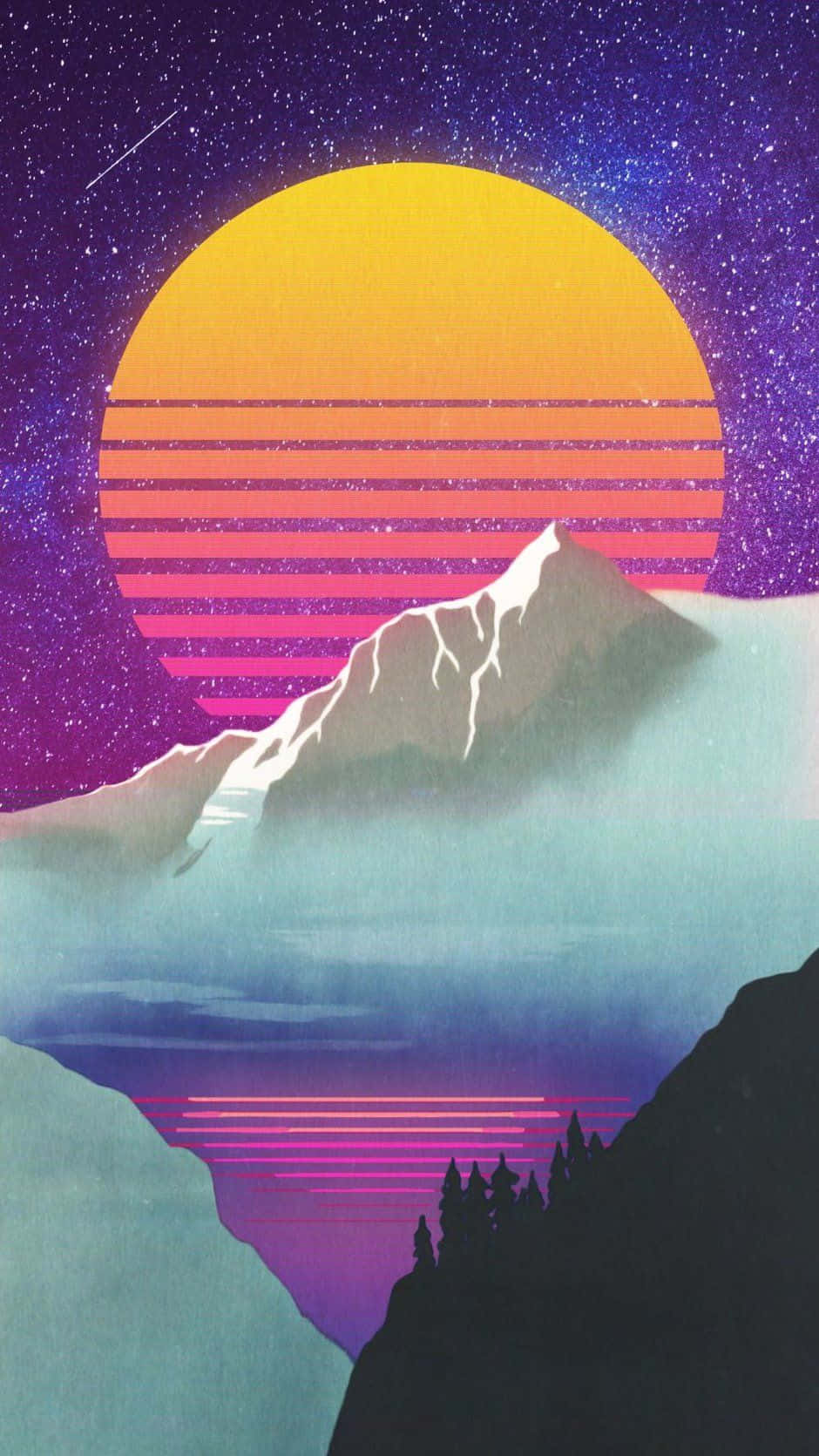 美學手機GIF 桌布 壁紙 — 在繁星點點的紫色天空下，一座復古未來主義的山峰在巨大的條紋太陽下升起，霧氣瀰漫的山谷中閃爍著光芒。