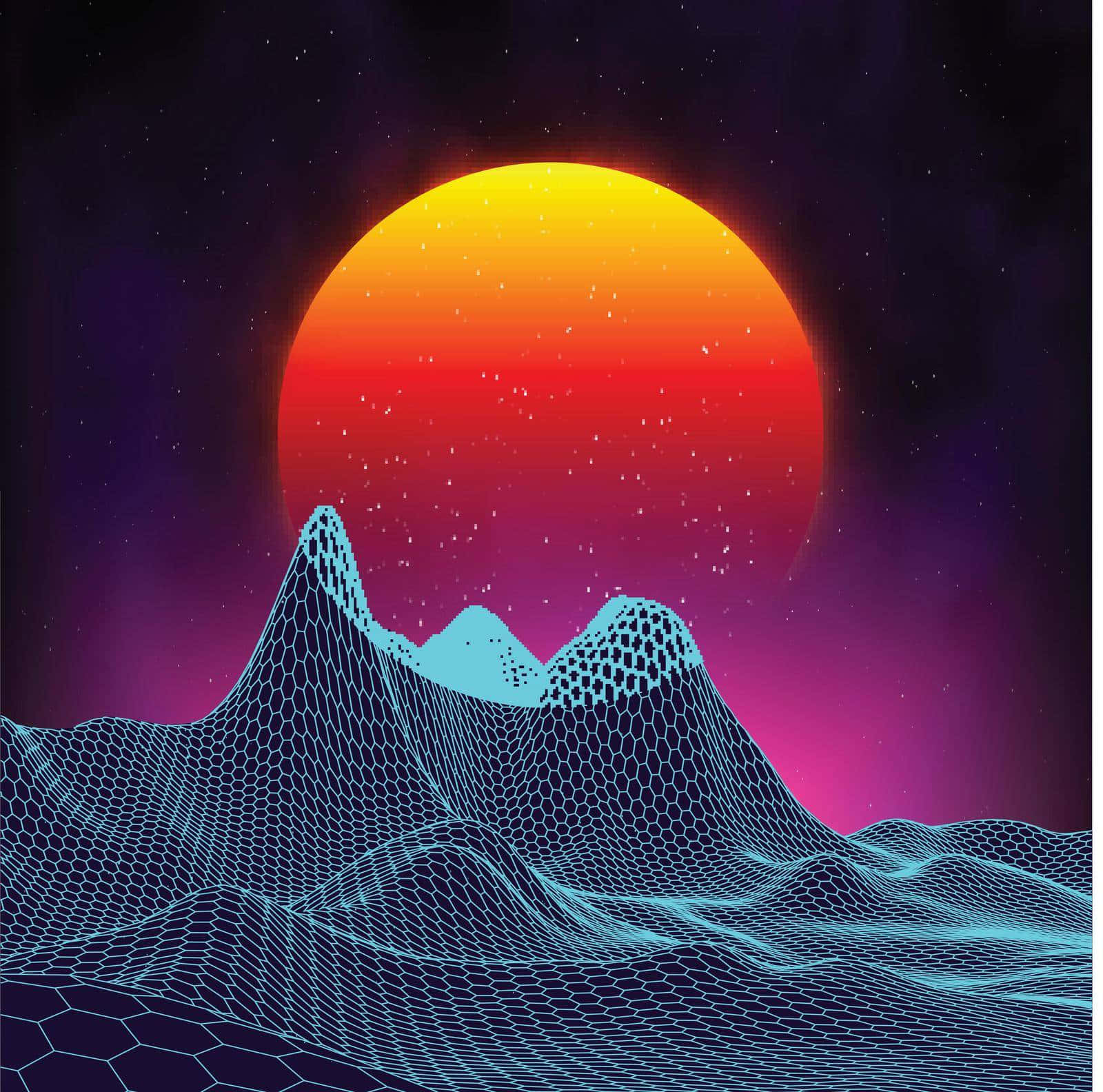 80s Retro 桌布 壁紙 — 在繁星點點的紫色天空下，巨大的漸變日落中，發光的青色線框山脈構成的復古未來主義景觀。