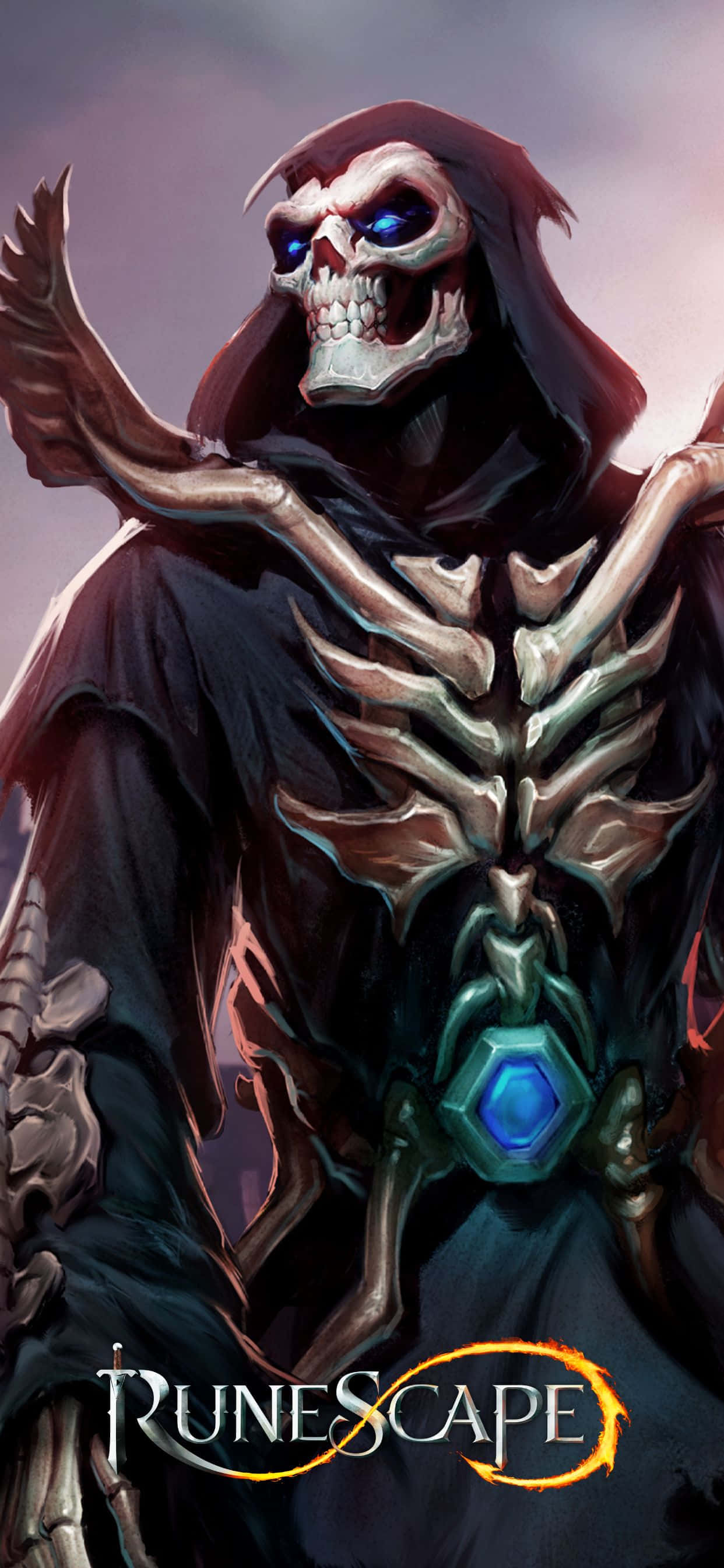 在美觀的 iPhone Xs Max 上暢玩 Runescape 壁紙 — 一個帶有發光藍眼睛和深色連帽斗篷的威脅性骷髏身影，站在暮色天空下。