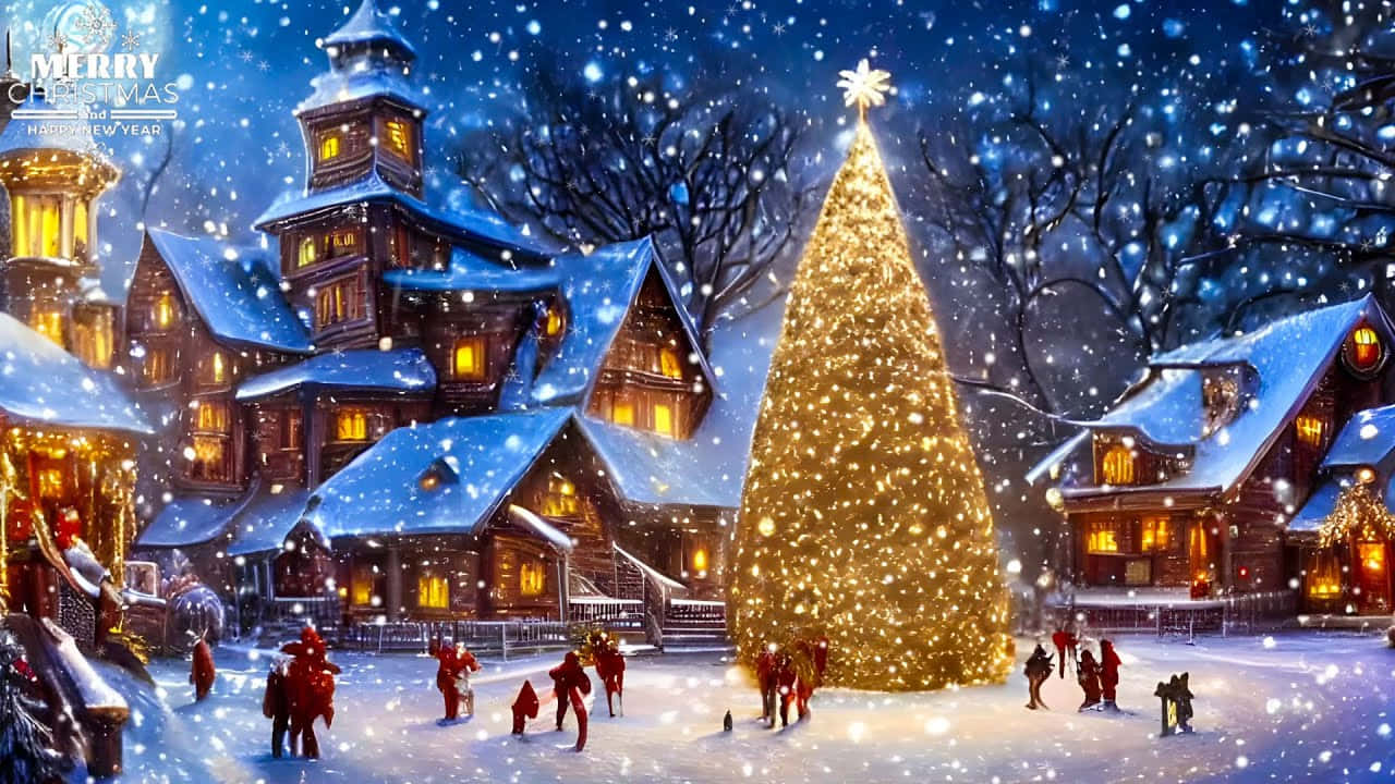 雪覆蓋的村莊廣場，發光聖誕樹和人們享受冬夜。