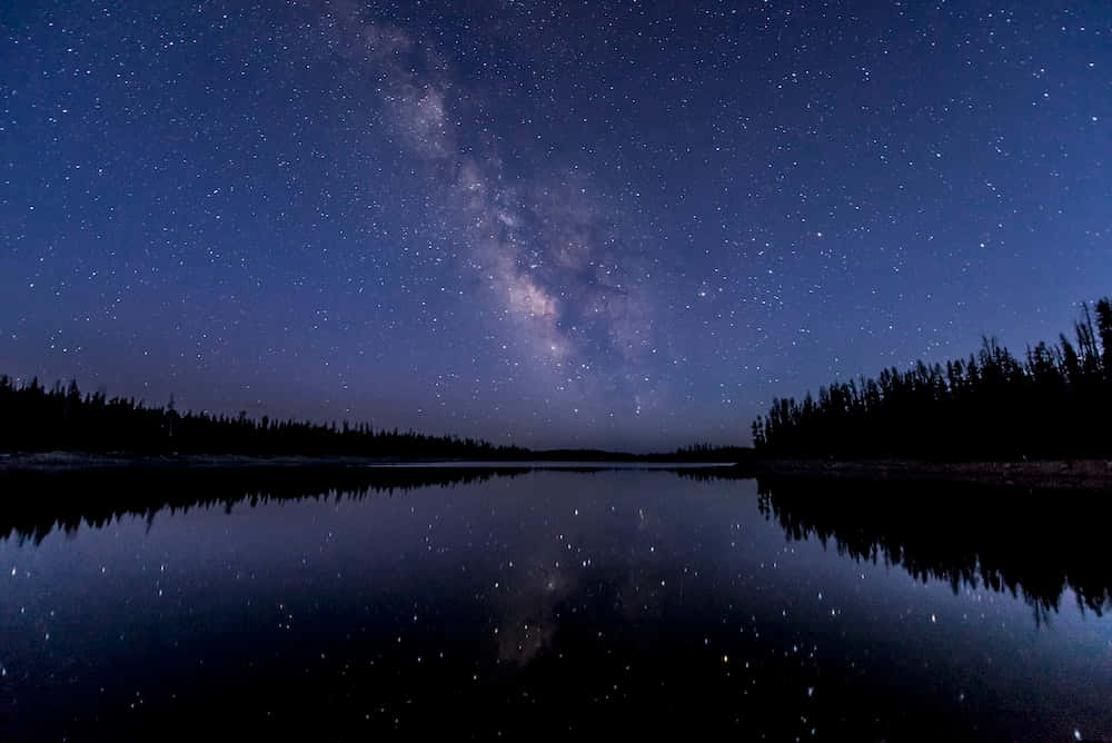 在自然中享受寧靜夜晚 壁紙 — 銀河系在繁星點點的夜空中劃出一道弧線，完美倒映在由深色松樹環繞的平靜湖面上。