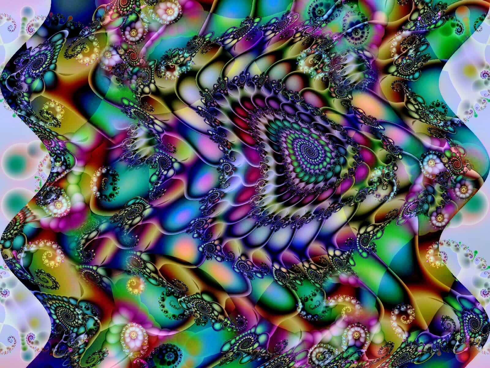 充滿活力的數位分形藝術作品，帶有旋轉的彩色圖案和複雜的螺旋。