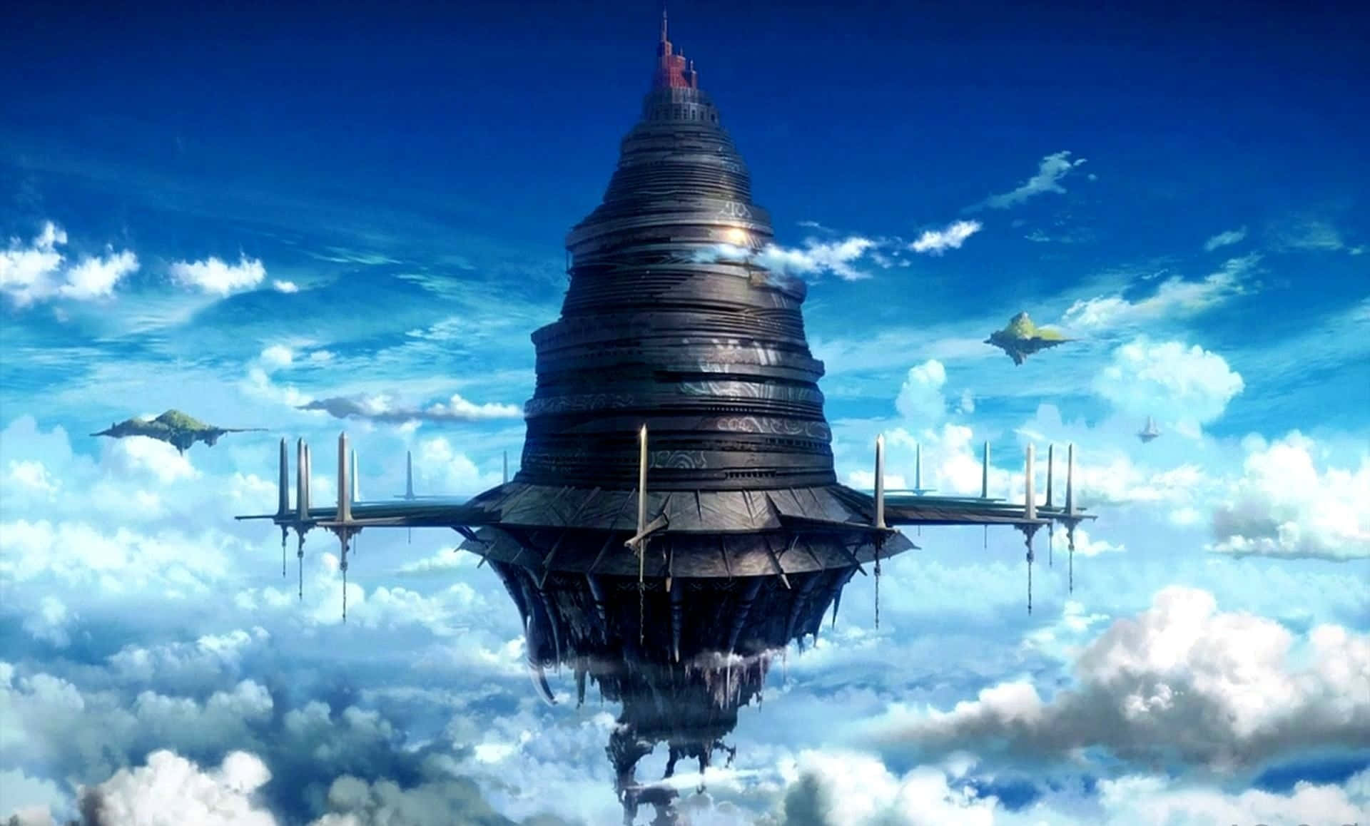 在舒適中享受最愛的動畫節目 壁紙 — 一座高聳的浮空要塞，擁有分層建築，在充滿活力的藍天下飄浮在蓬鬆的雲層之上。