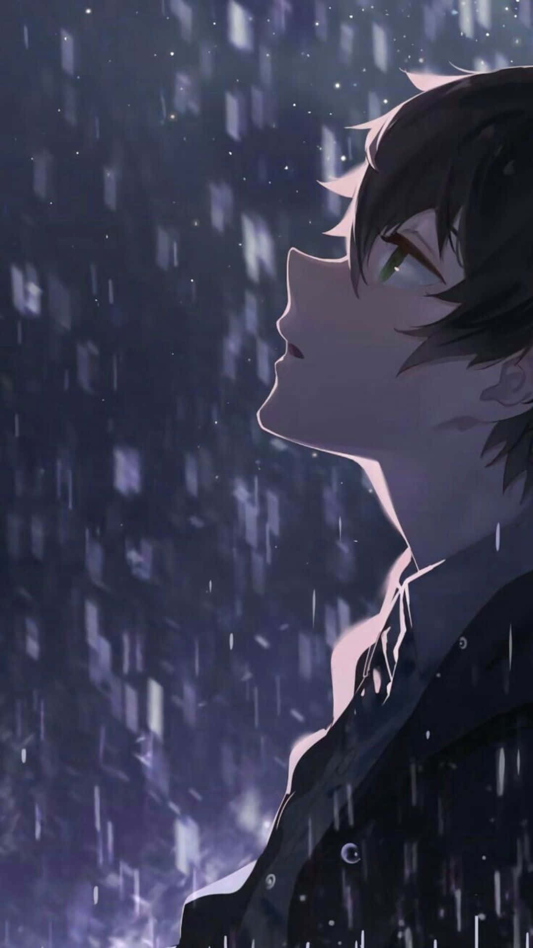 動畫男孩在夜晚的雨中，身後有城市燈光和星星。