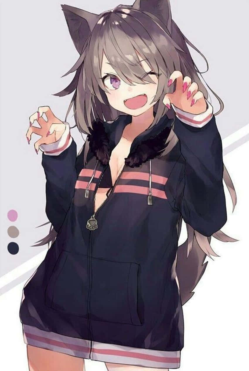 有貓耳和尾巴的動漫女孩穿著帶有粉紅色條紋的深色外套。