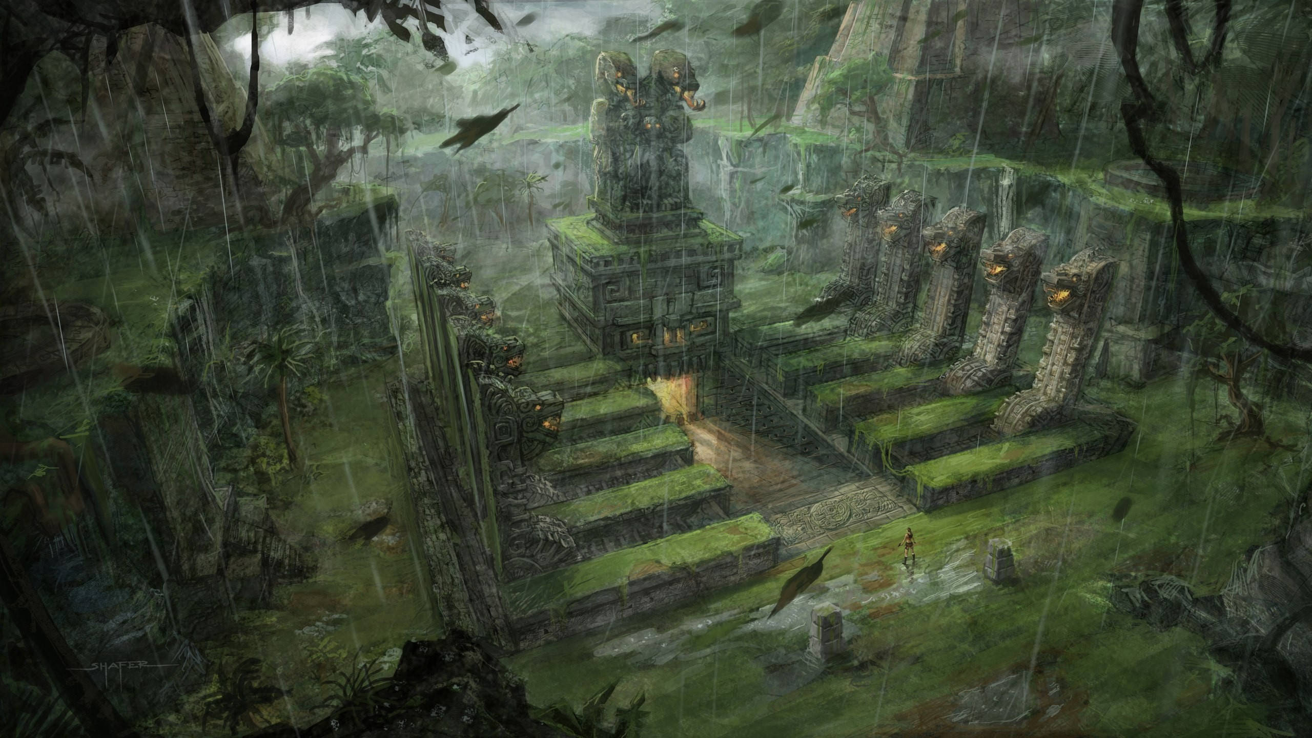 遊戲 桌布 壁紙 — 在茂密叢林中，暴雨下長滿苔蘚和藤蔓的古老石廟遺跡。