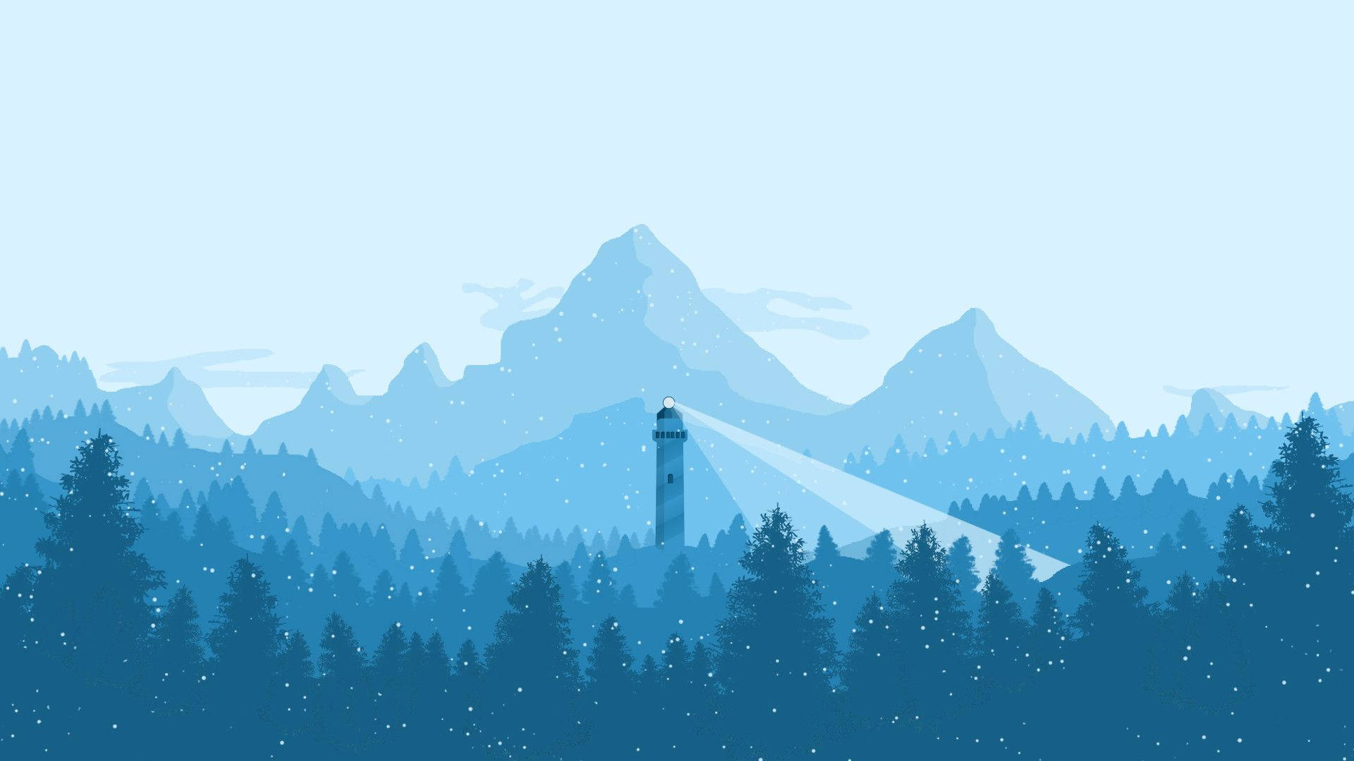 Material Design 桌布 壁紙 — 在蒼白的天空下，一座簡約的藍色燈塔穿過降雪，照耀著森林覆蓋的山脈。