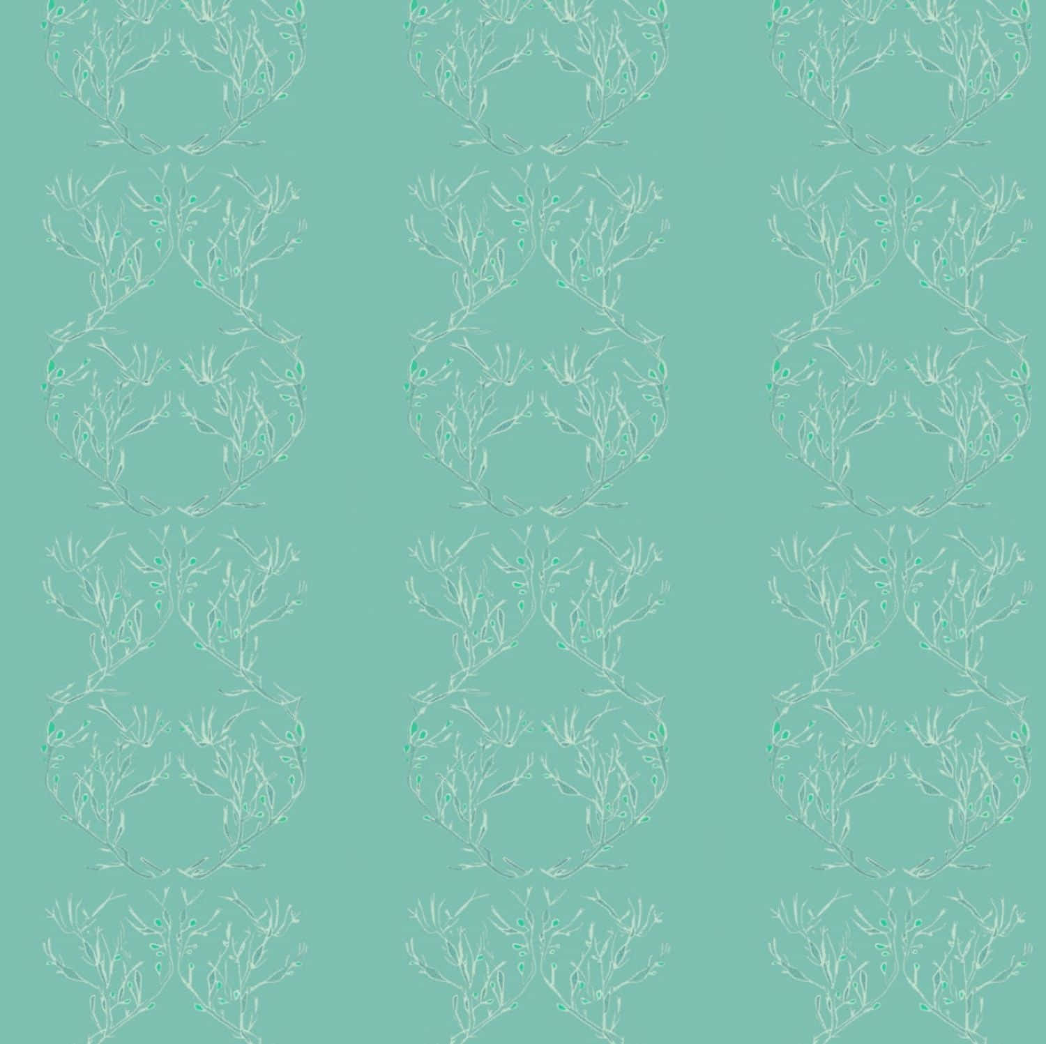 Seafoam Green 桌布 壁紙 — 在薄荷綠背景上重複的對稱珊瑚狀圖案，採用淡青綠色和白色。