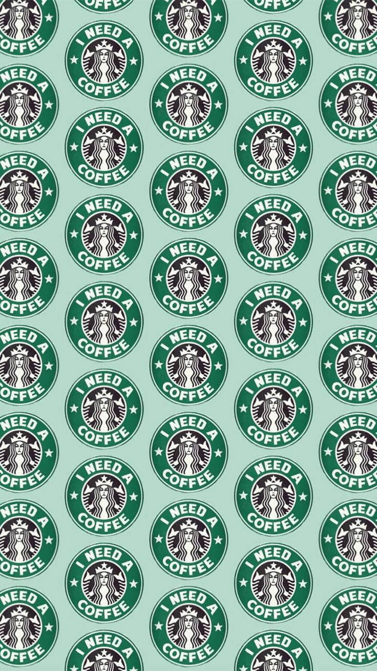圖案 桌布 壁紙 — 在薄荷綠色背景上重複排列的綠色Starbucks標誌，帶有文字'I NEED A COFFEE'。