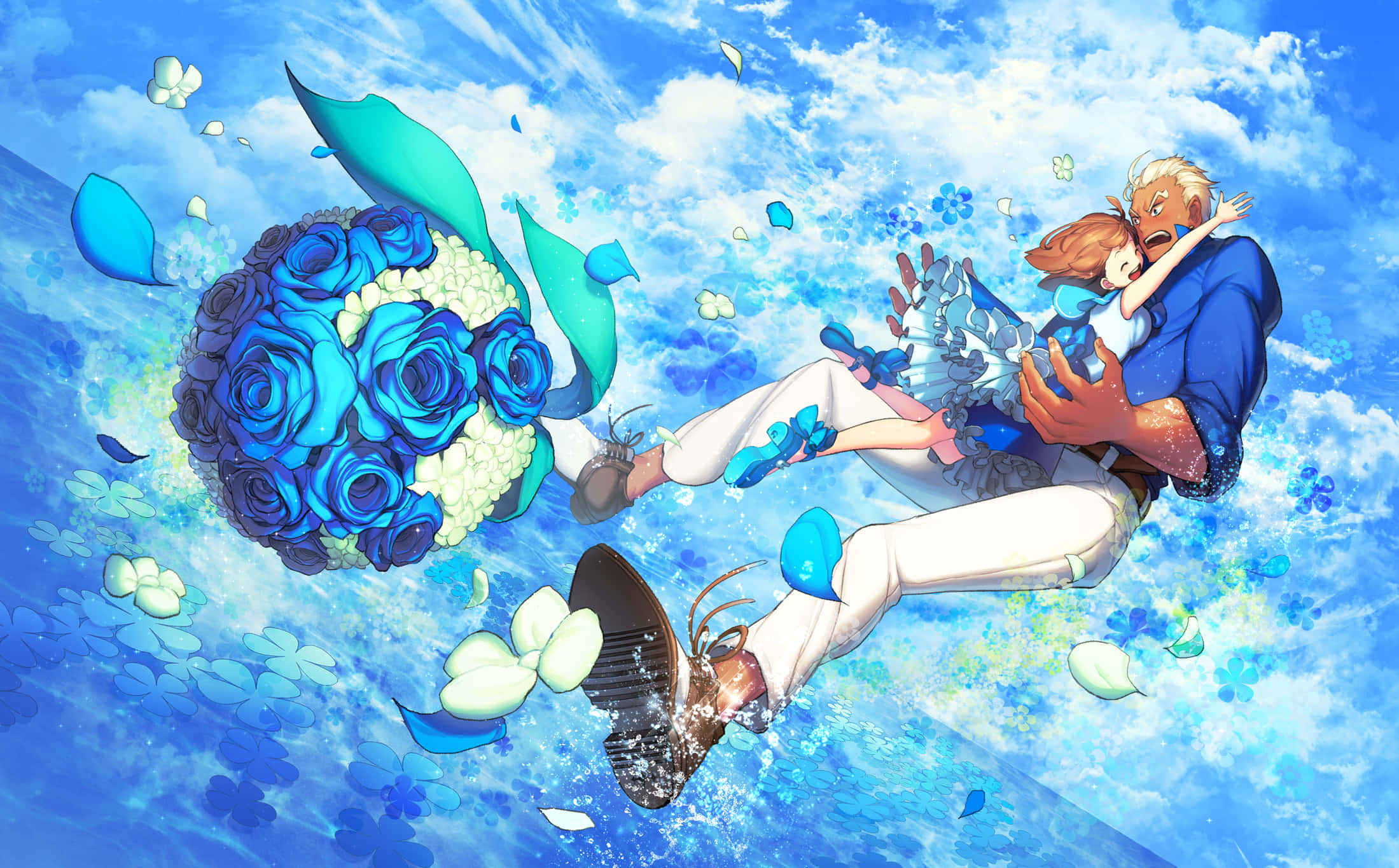 Ira Gamagoori 桌布 壁紙 — 在藍天白雲下，一男一女在漂浮的藍色玫瑰和花瓣中擁抱。