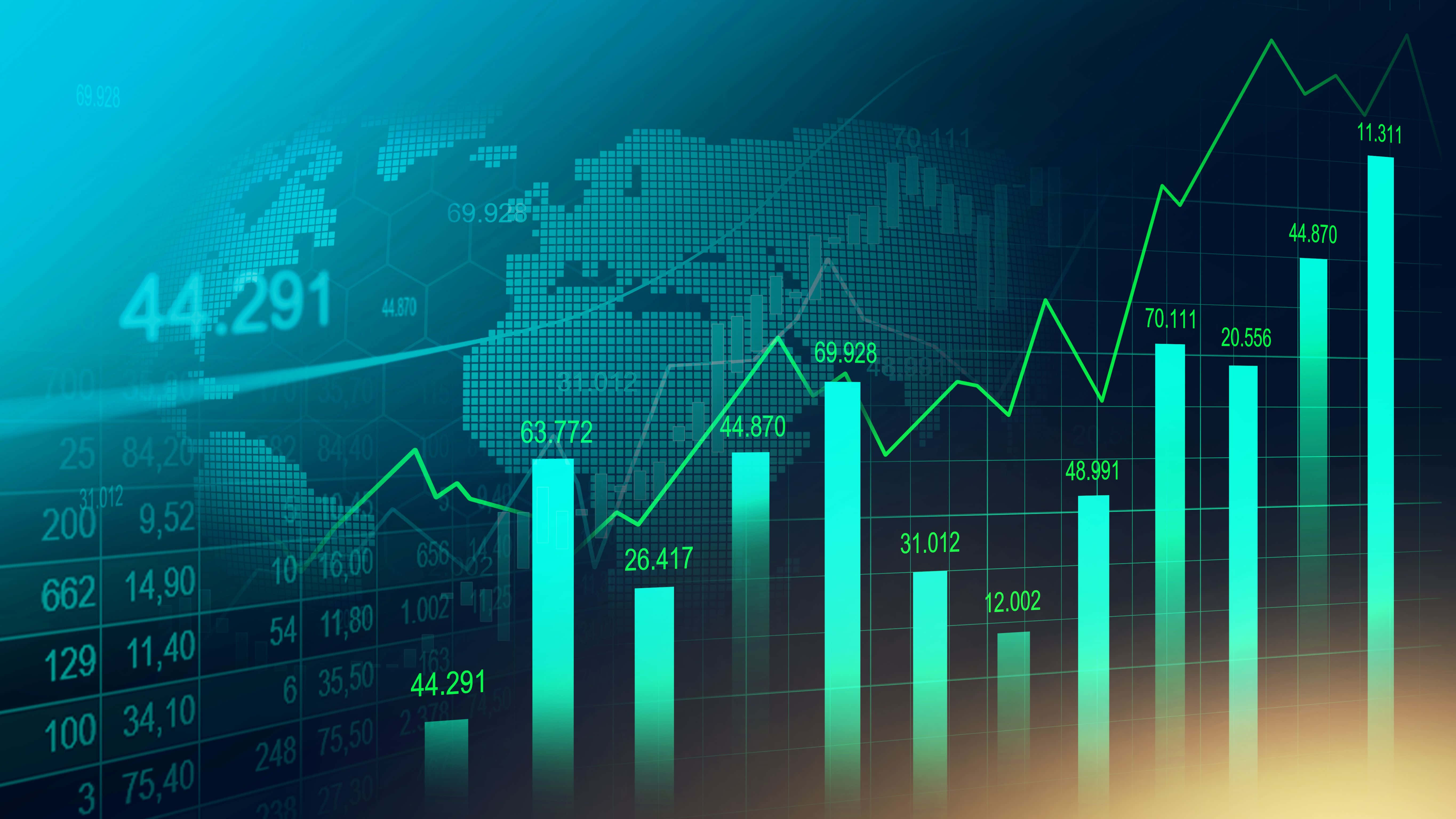 Stock Market 桌布 壁紙 — 在藍色漸變背景上，帶有上升條形和世界地圖網格的發光綠色金融圖表。