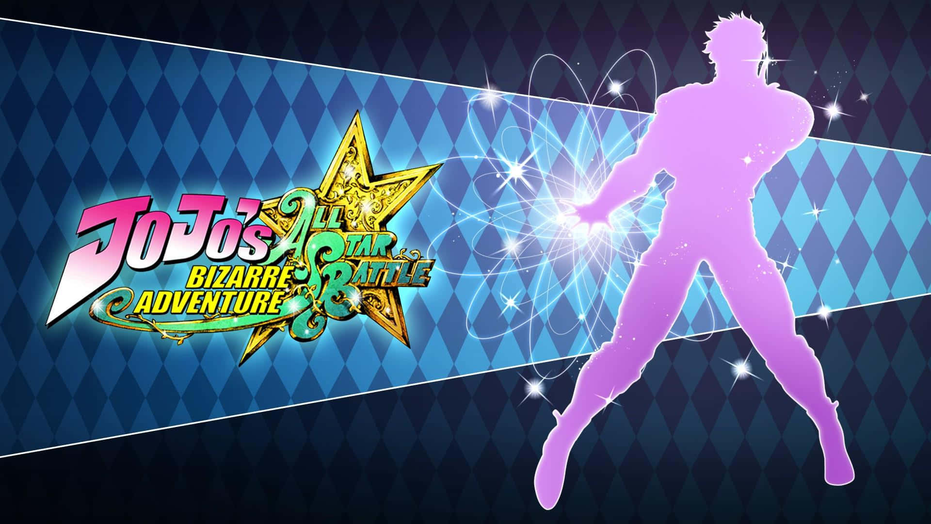 Jonathan Joestar 桌布 壁紙 — 在藍色鑽石圖案背景上，JoJo's Bizarre Adventure All Star Battle標誌旁邊，一個充滿活力的動漫風格戰士剪影，散發著能量光芒。