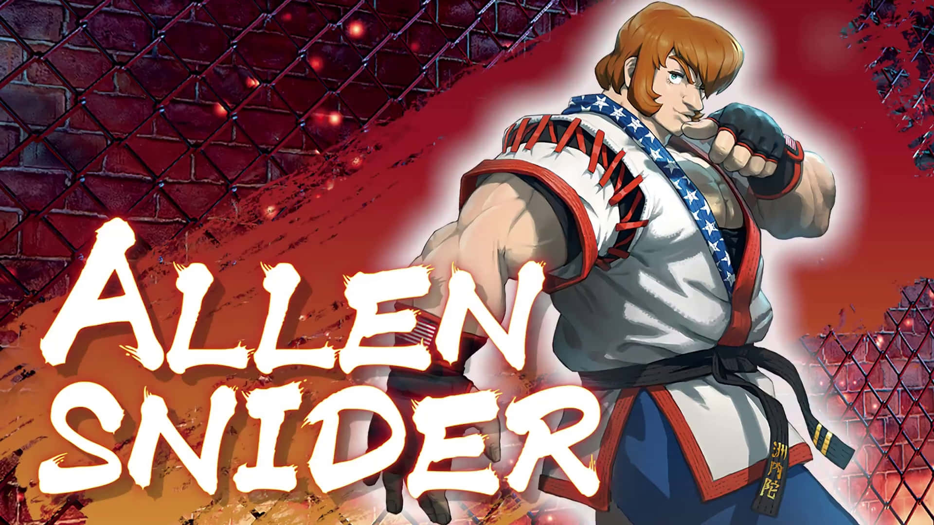 動漫武術家 Allen Snider 以戰鬥姿勢站在紅色鐵絲網背景前。