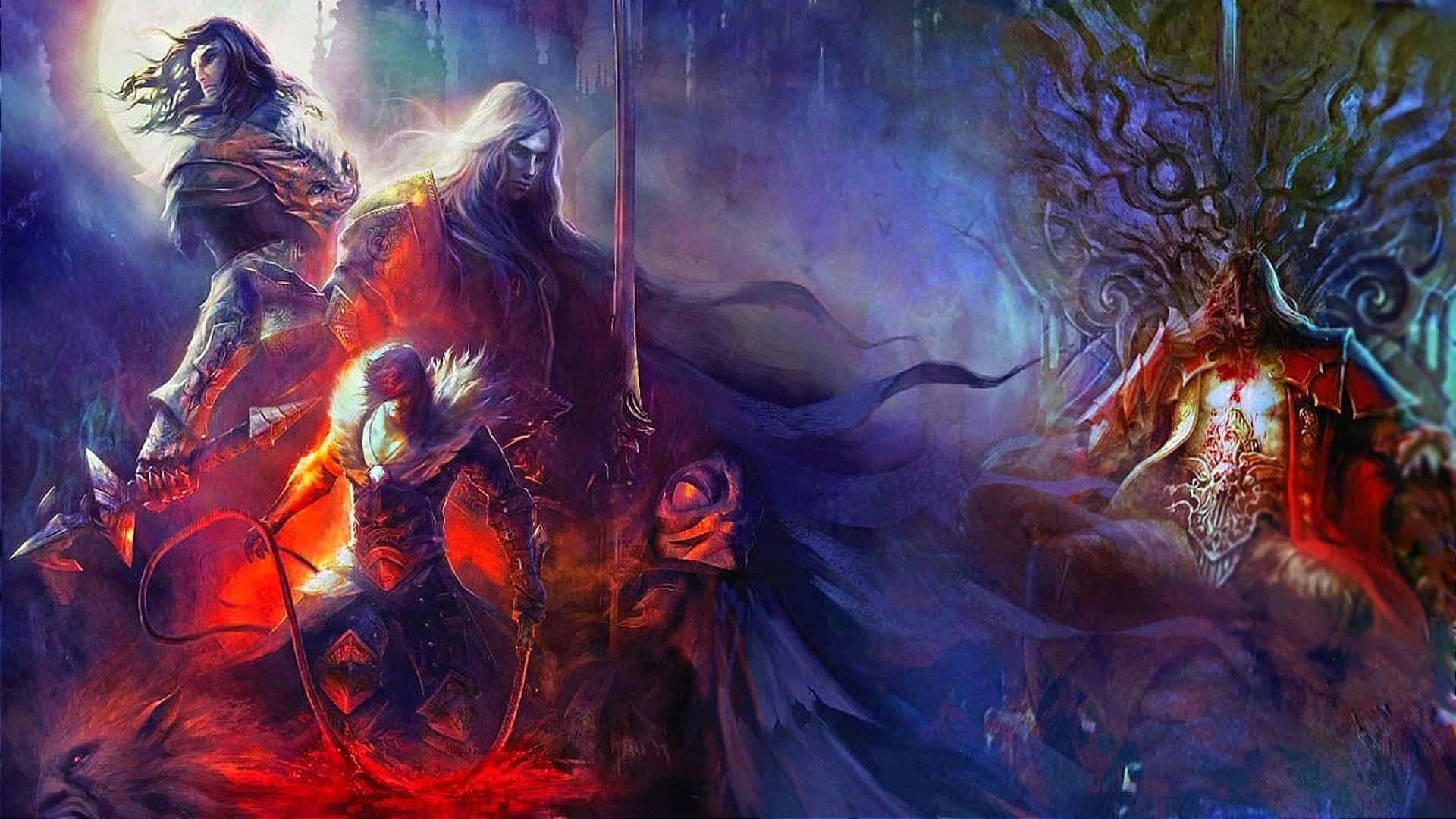 在詭異城堡中戰鬥德古拉及其手下 壁紙 — 奇幻戰士與怪物般的身影在發光的月亮下於黑暗神秘領域中衝突。