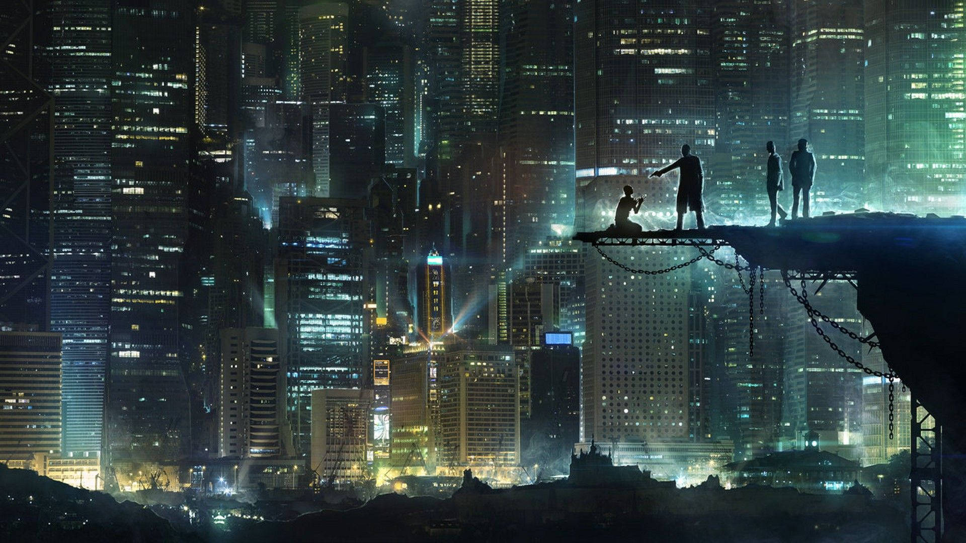 三個剪影人物在鏈橋上俯瞰夜晚發光的城市。