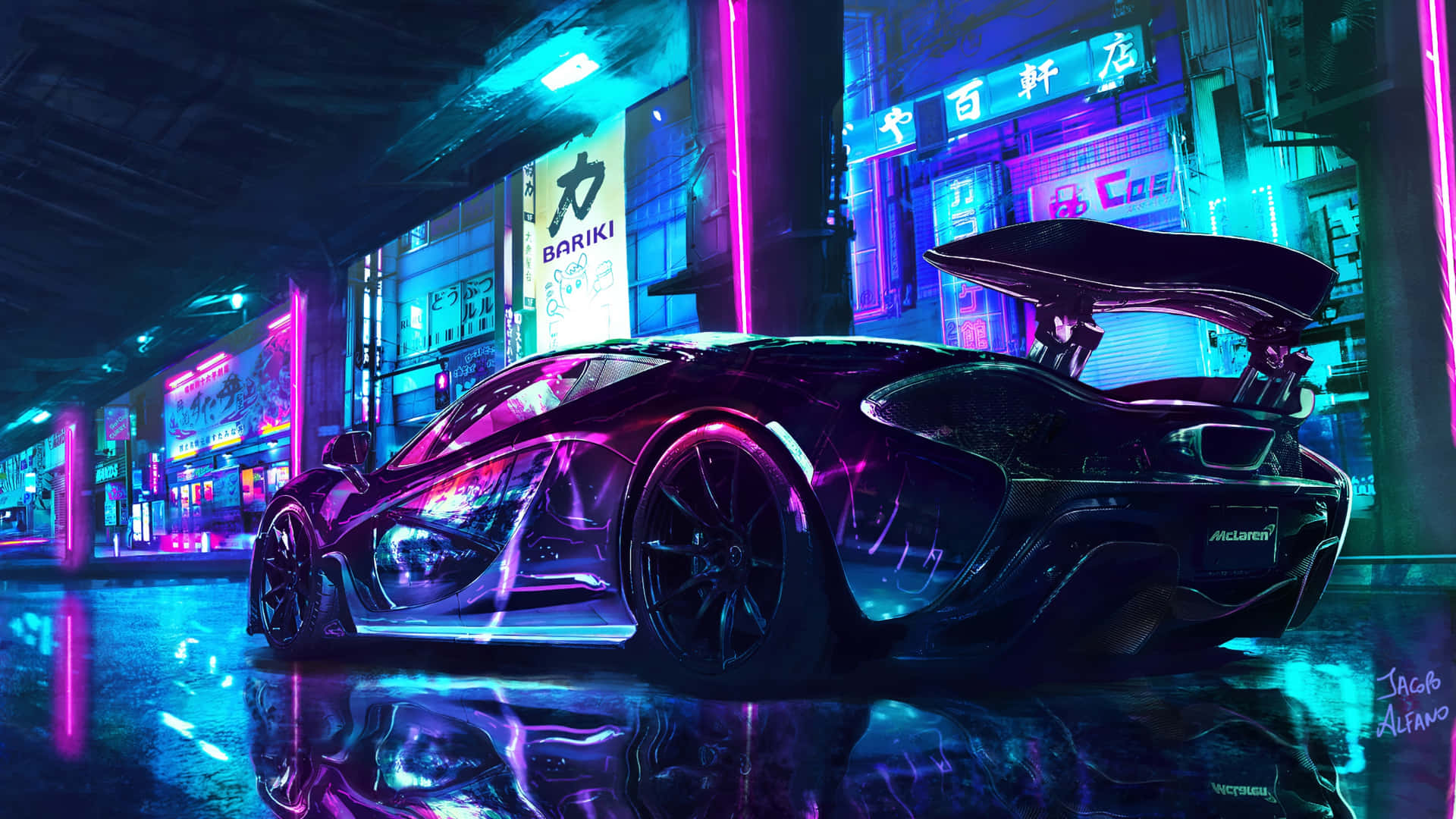 黑色McLaren跑車停在潮濕的街道上，下方是發光的霓虹招牌。
