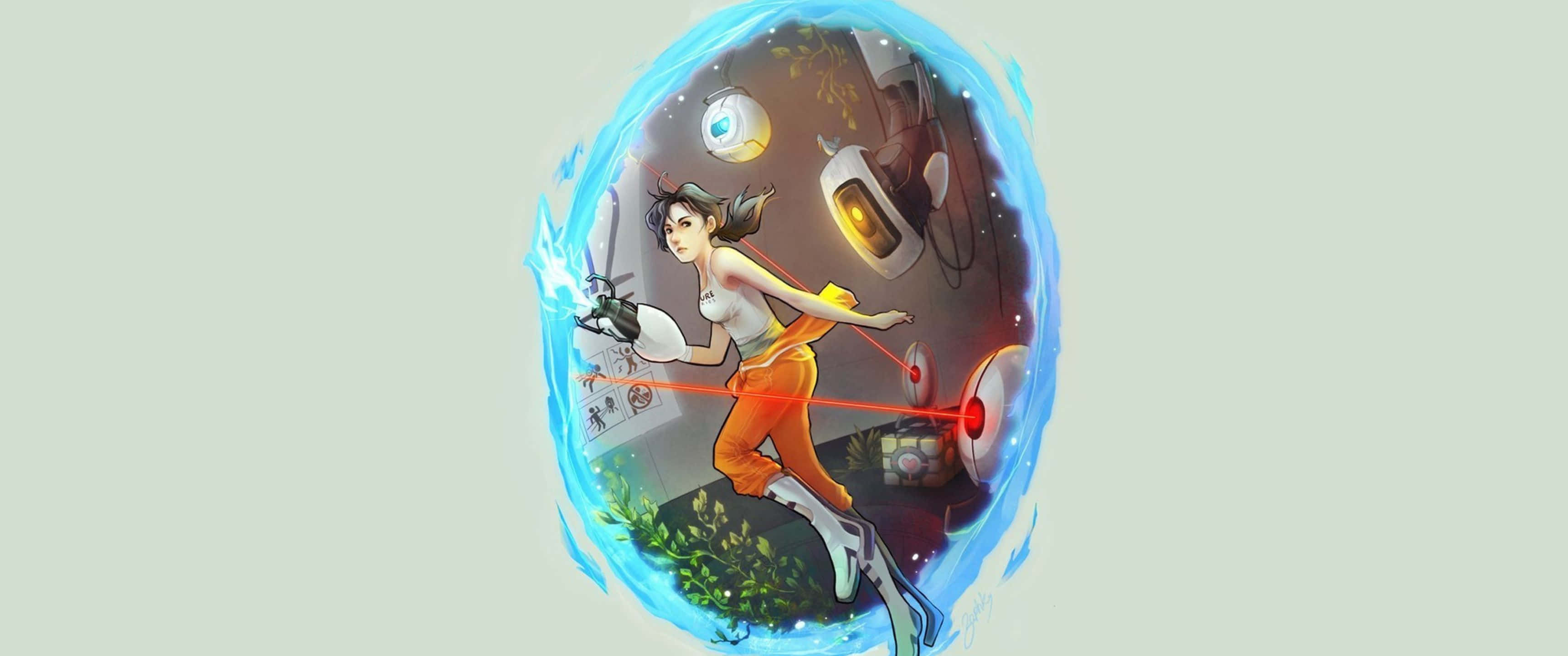 在超寬螢幕 3440x1440p 畫質下暢玩《Portal 2》 壁紙 — 一位身穿橙色褲子和白色上衣的女性遊戲玩家，手持控制器穿過發光的藍色傳送門，身後有機械敵人追趕。