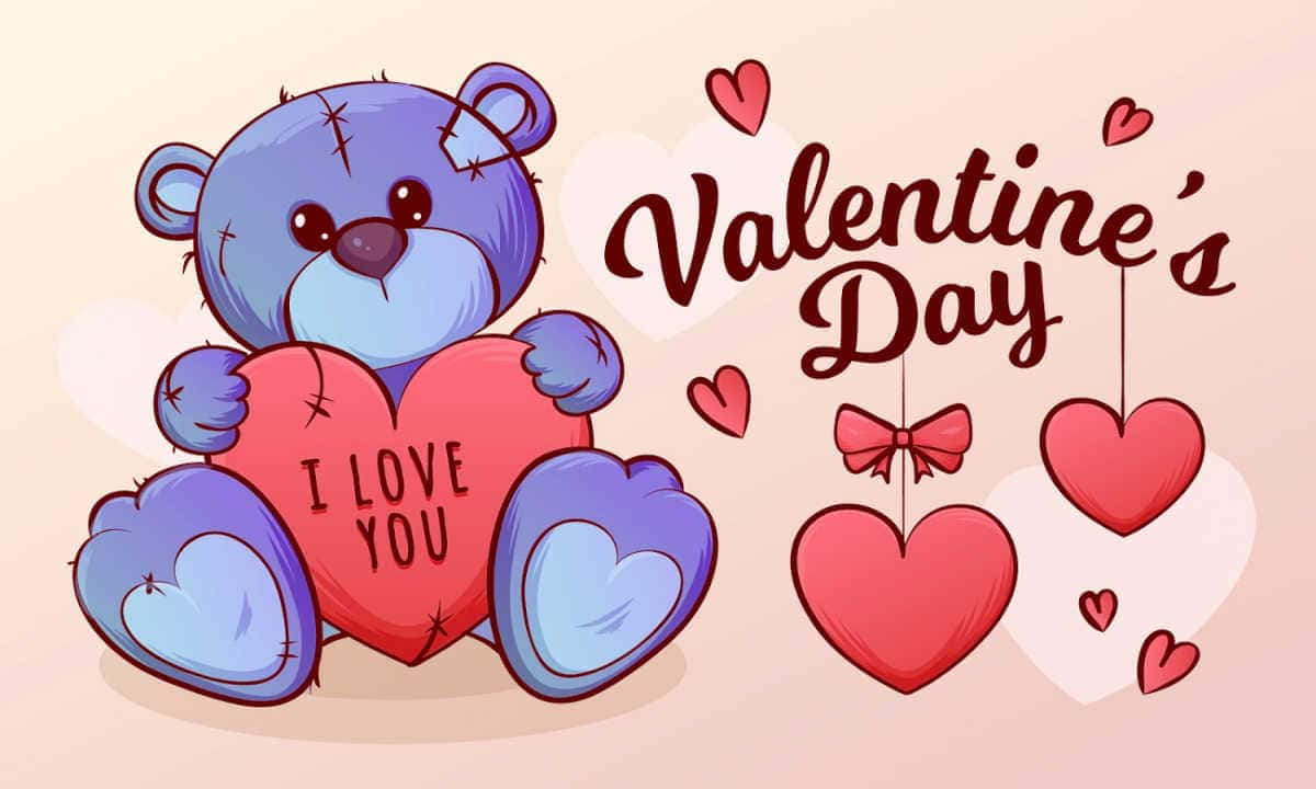 縫製的泰迪熊拿著一個有 I LOVE YOU 文字的心形，周圍環繞著漂浮的心形。