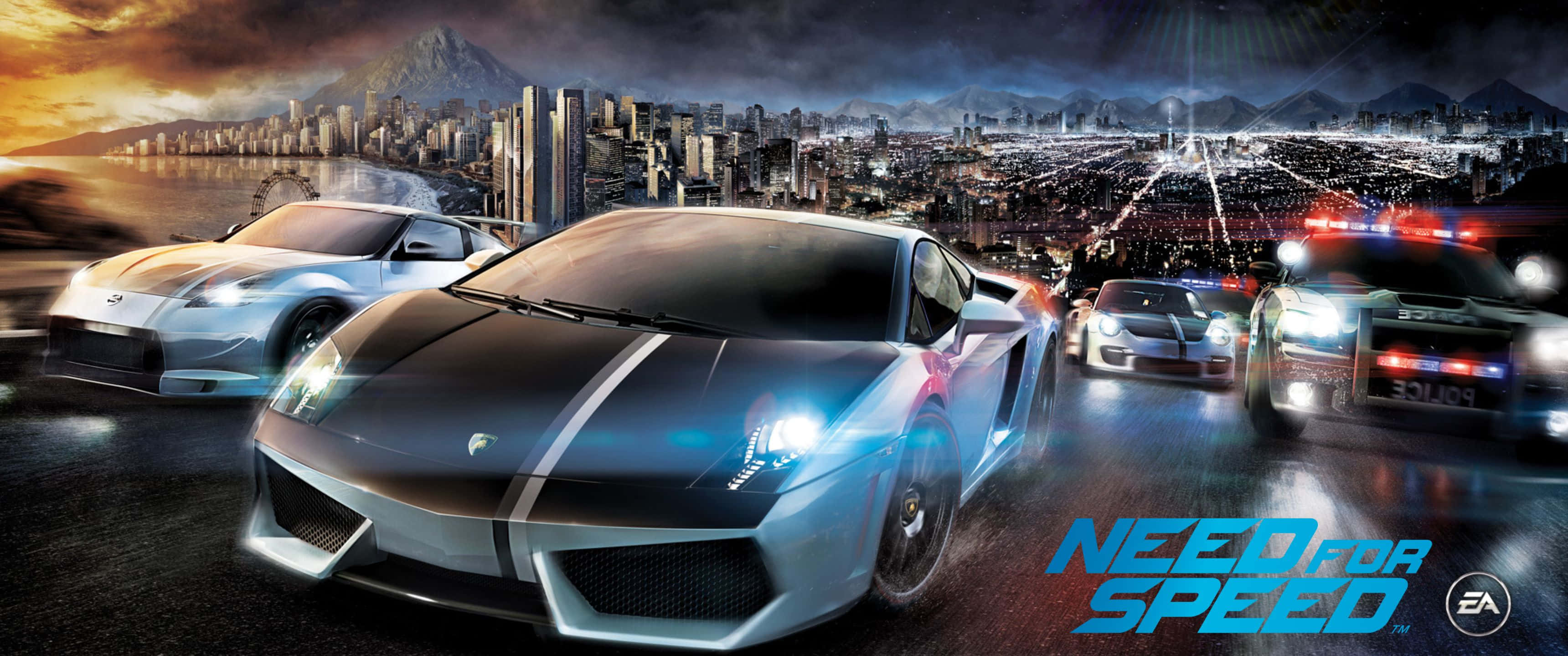 在這張 3440x1440p 《Need For Speed》壁紙中，駕馭紅色跑車橫掃街道 壁紙 — 高速跑車在夜間穿過霓虹燈照亮的城市景觀，警察在追捕。