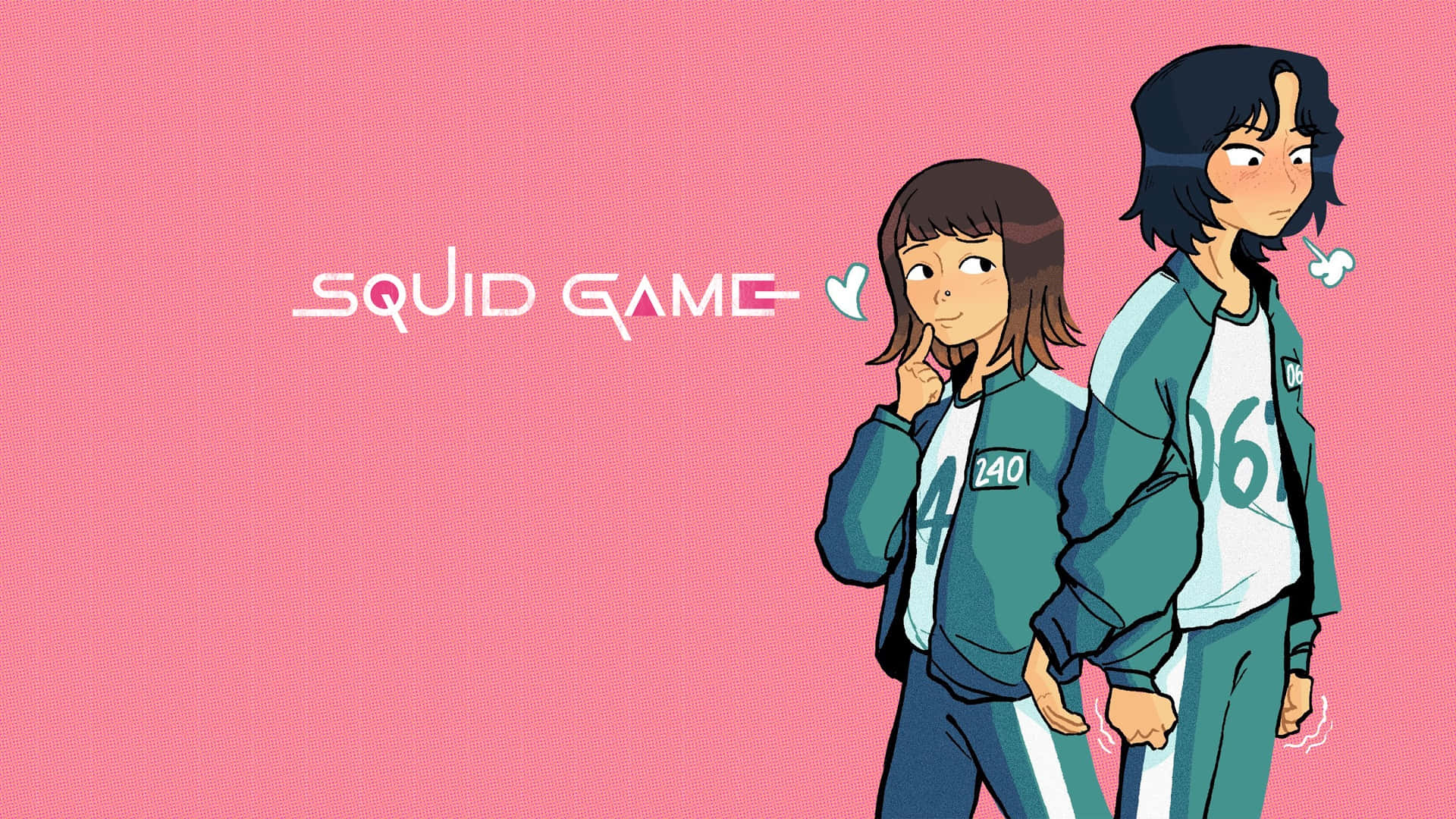 兩個動漫角色穿著綠色比賽制服，在粉紅色背景上帶有「Squid Game」文字。