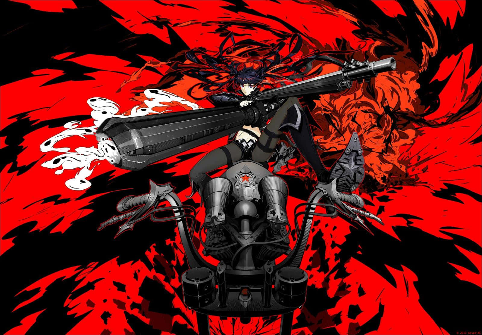 穿著黑色盔甲的動漫女孩騎著機械單車發射大型大砲。