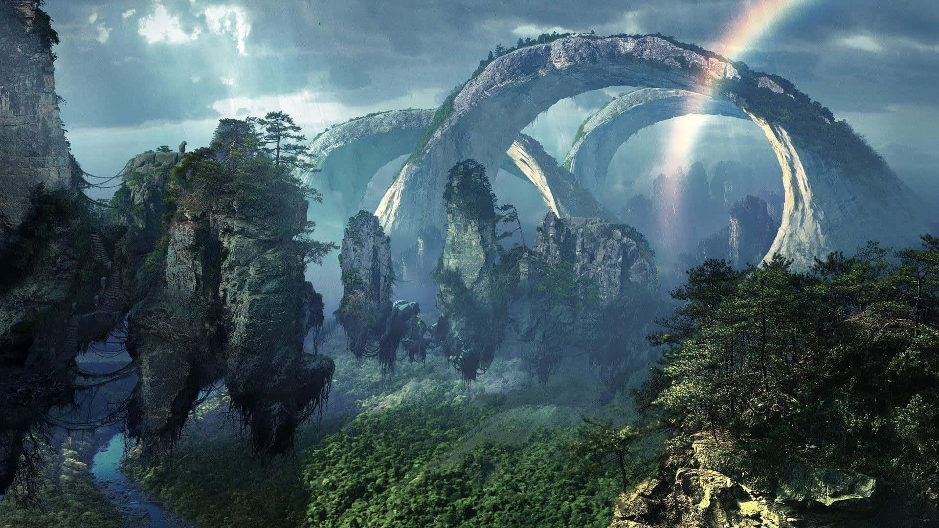 在這片寧靜的熱帶漂浮島嶼上放鬆身心 壁紙 — 一個雄偉的奇幻景觀，巨大的石拱門從霧氣繚繞的森林中升起，天空中有彩虹和雲彩。