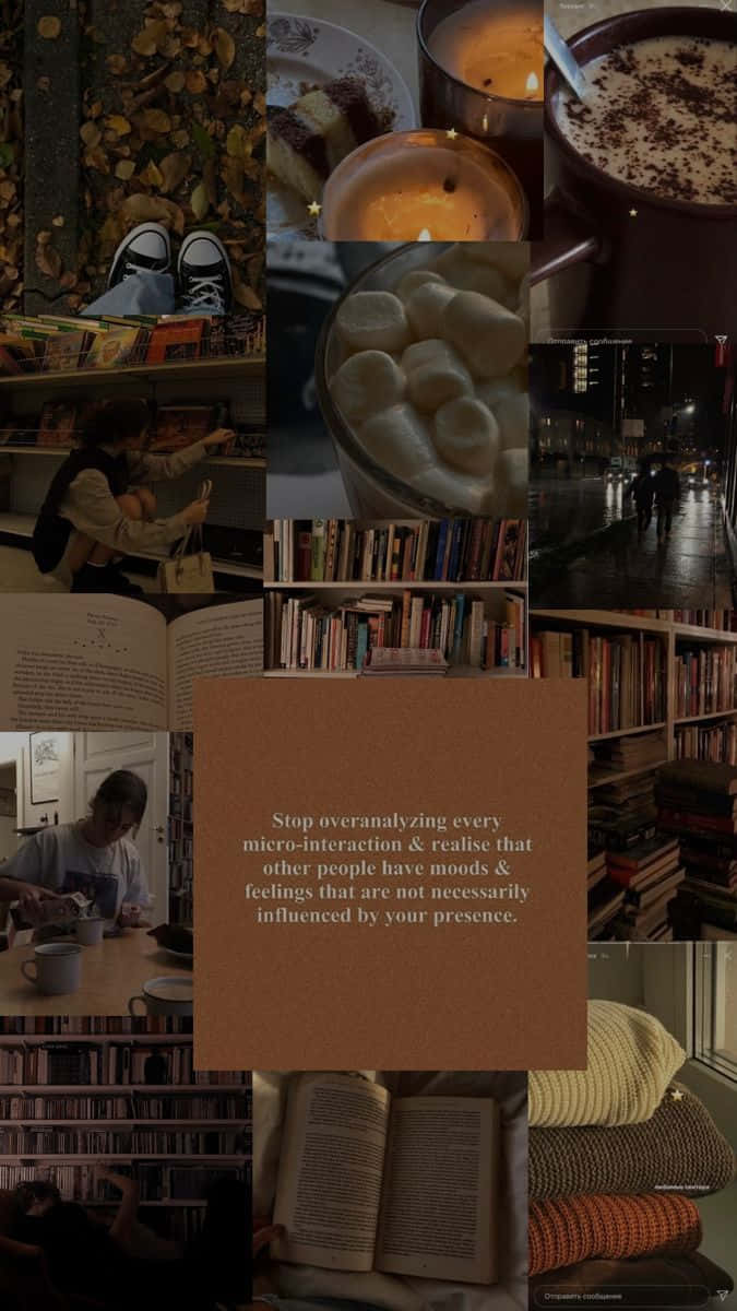 舒適的秋季圖書館拼貼畫，包含書籍、蠟燭和熱飲。