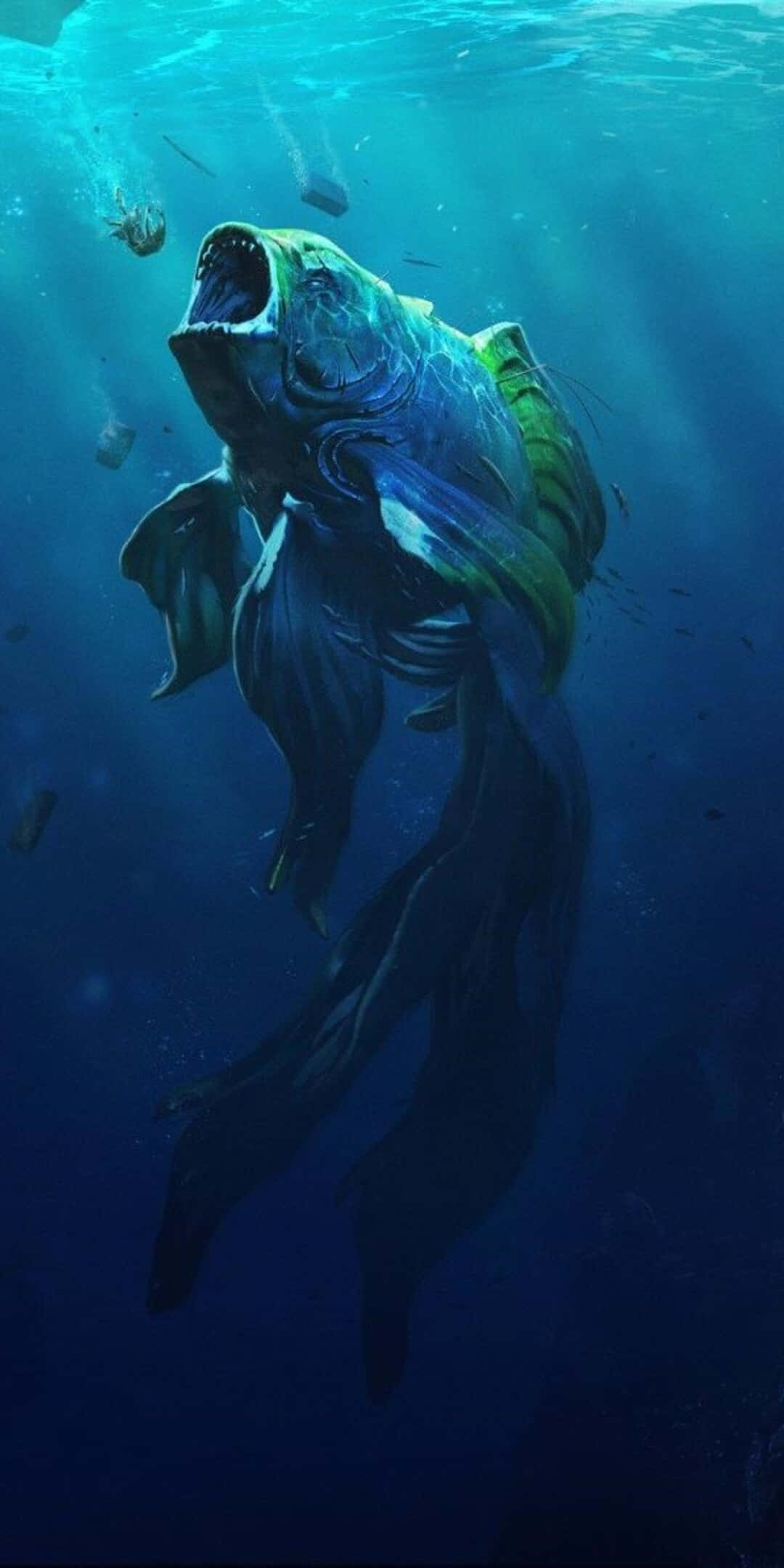 在這色彩繽紛的 Pixel 3 魚壁紙中，欣賞海洋生物在珊瑚間悠遊 壁紙 — 一條巨大的裝甲魚，帶有發光的綠色鱗片，在深藍色的水下場景中張開大嘴衝破海面。