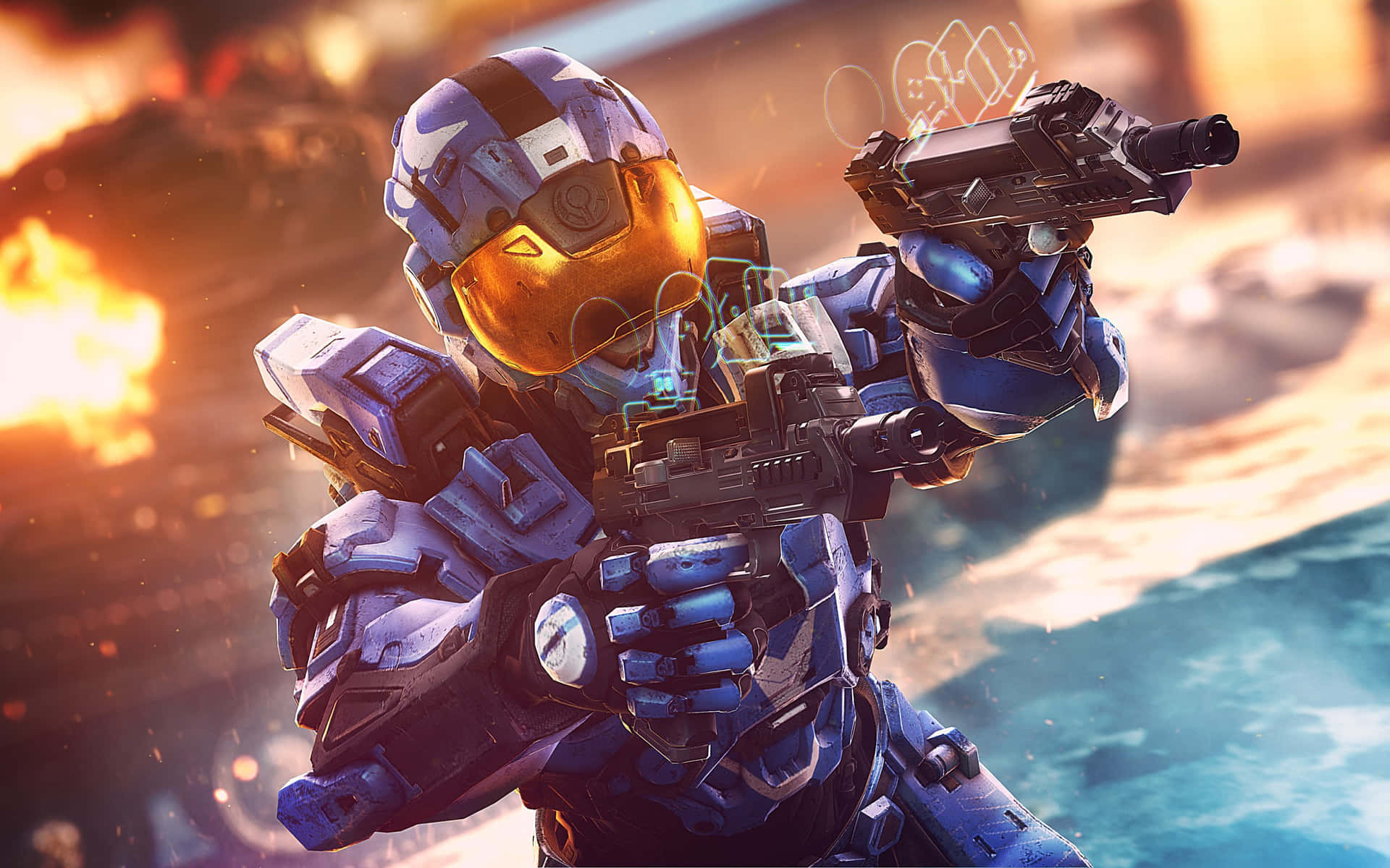 藍色盔甲的斯巴達士兵在熾熱戰鬥中瞄準武器。