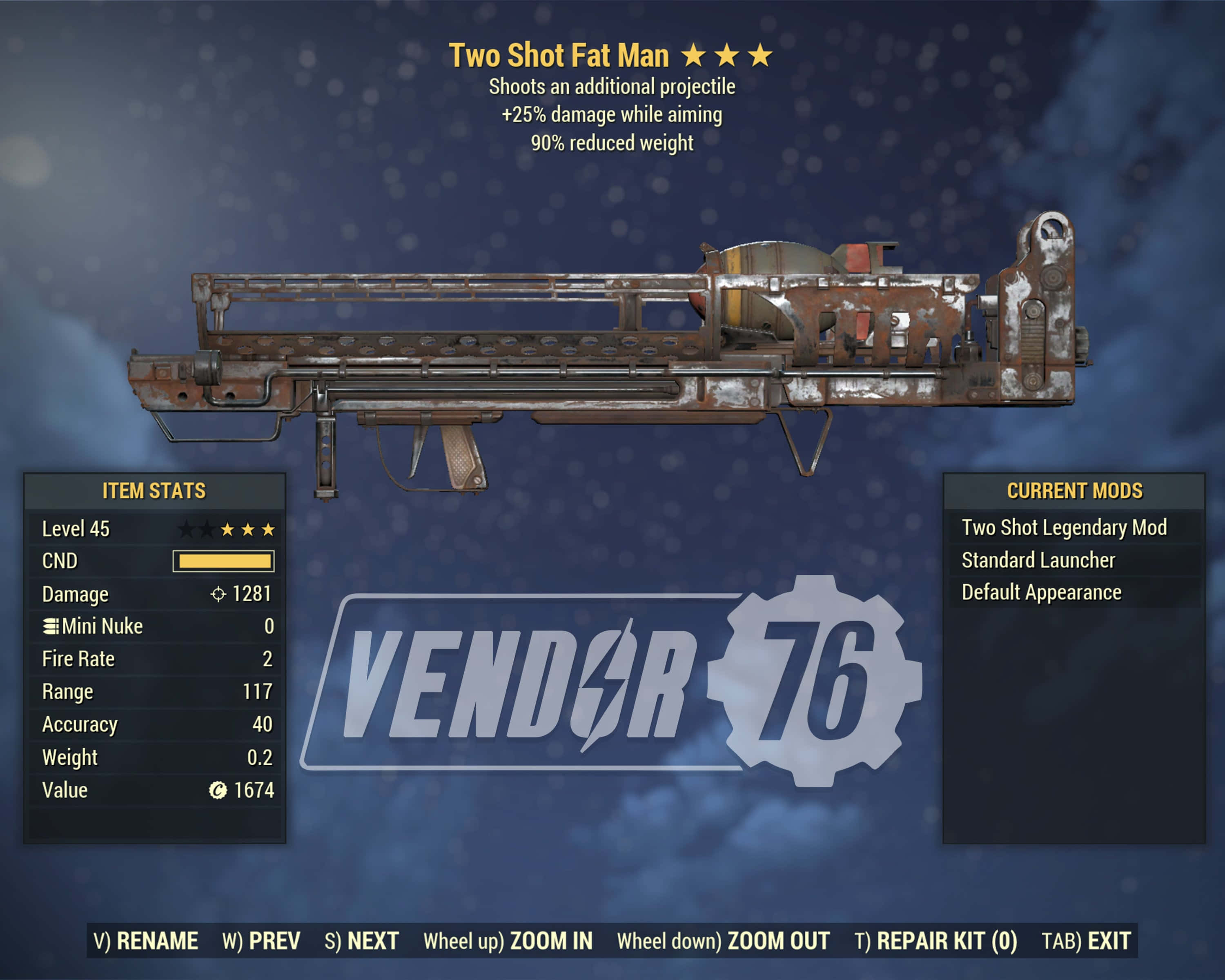 Fallout 4 Fat Man 桌布 壁紙 — 在遊戲商店選單中顯示的一把生鏽未來風格武器，背景為陰暗多雲的天空，附有統計數據和模組詳細資訊。