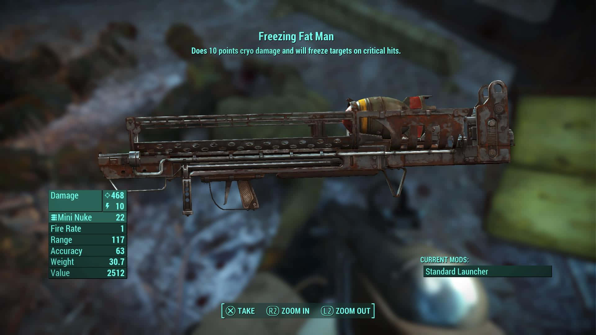 Fallout 4 Fat Man 桌布 壁紙 — 在遊戲庫存中顯示的鏽蝕低溫武器「Freezing Fat Man」，附有統計數據和模組選項。