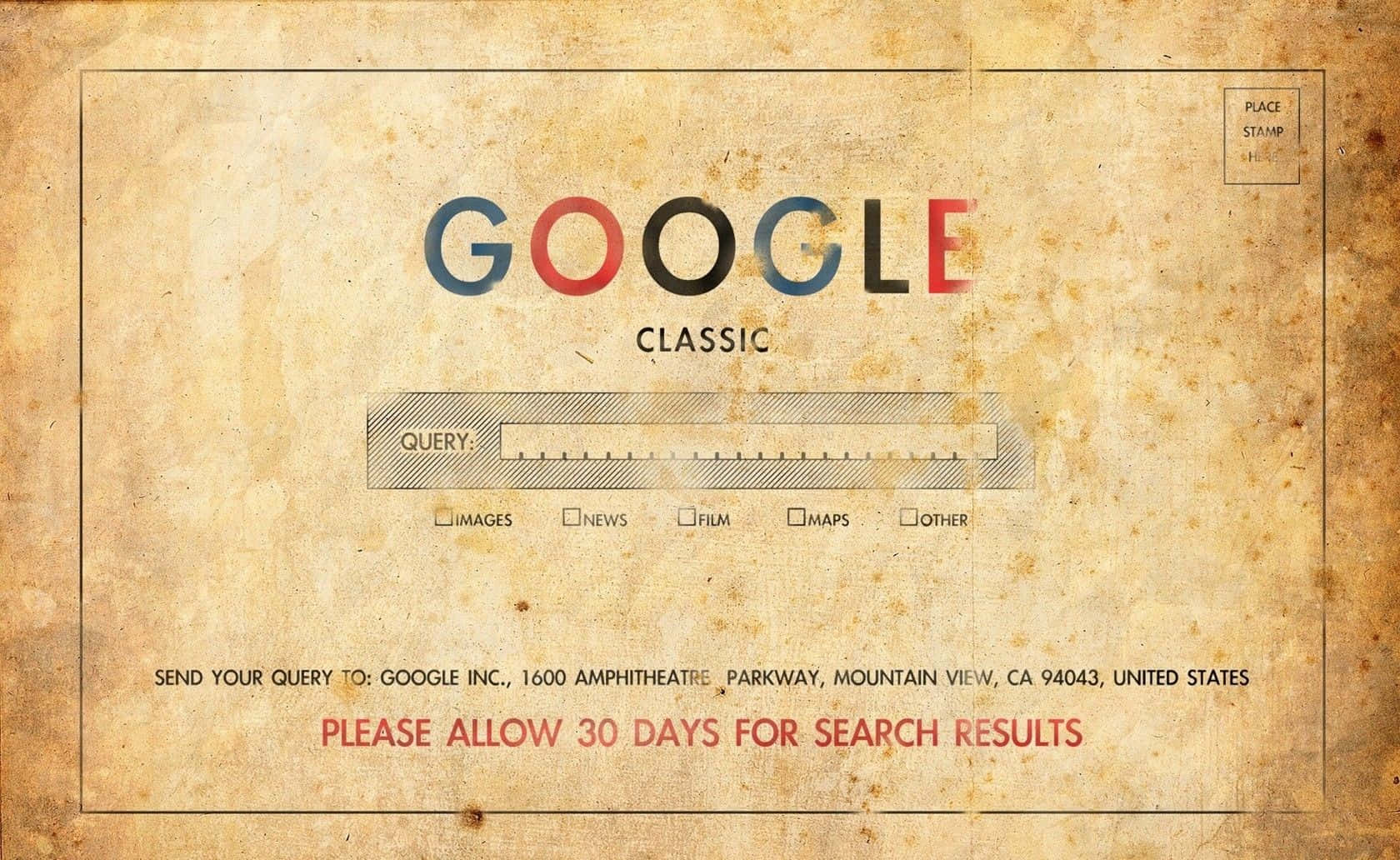在舊羊皮紙上的 Google Classic 搜尋介面，復古設計。