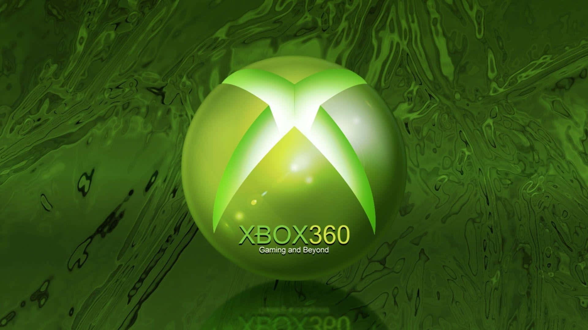 在酷炫Xbox上釋放遊戲潛力 壁紙 — 發光的Xbox 360標誌球體，居中於帶有光反射的旋轉綠色抽象背景上。