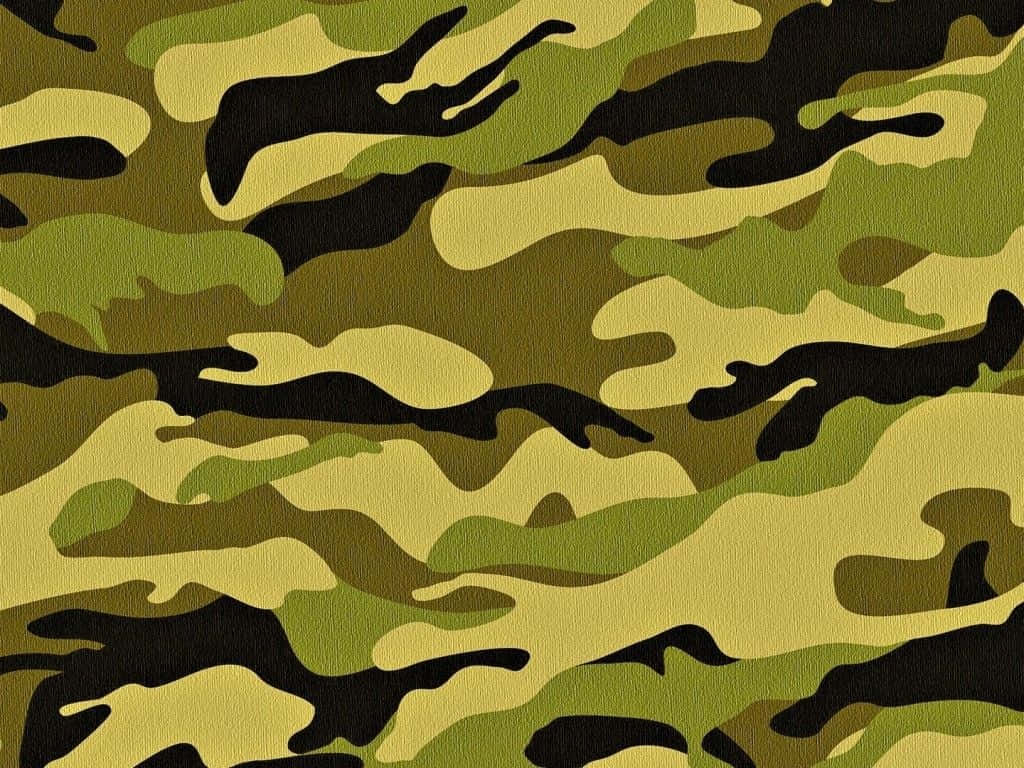 軍用迷彩圖案，在紋理布料上有綠色、黑色和棕褐色斑點。