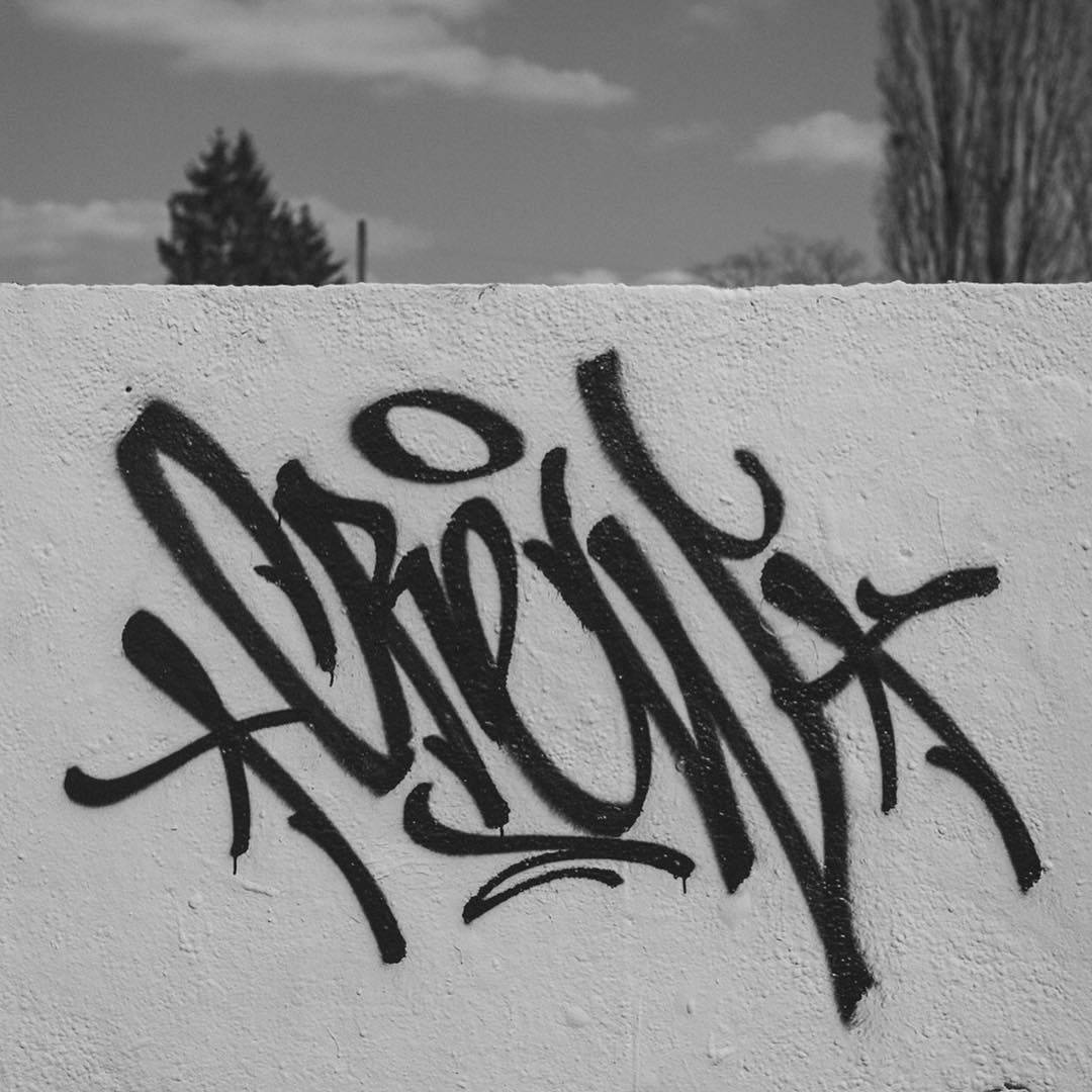 Black And White Graffiti 桌布 壁紙 — 在陰天、遠處有樹木的背景下，噴在帶有紋理的白色牆上的醒目黑色塗鴉標籤。