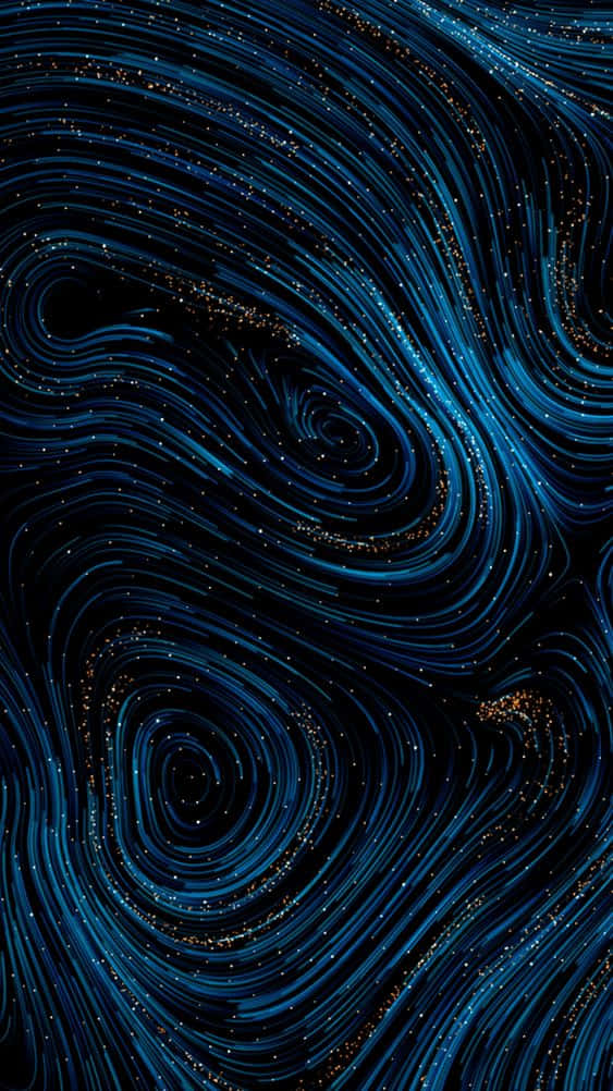 在黑色背景上，帶有金色星星的動態藍色宇宙漩渦。