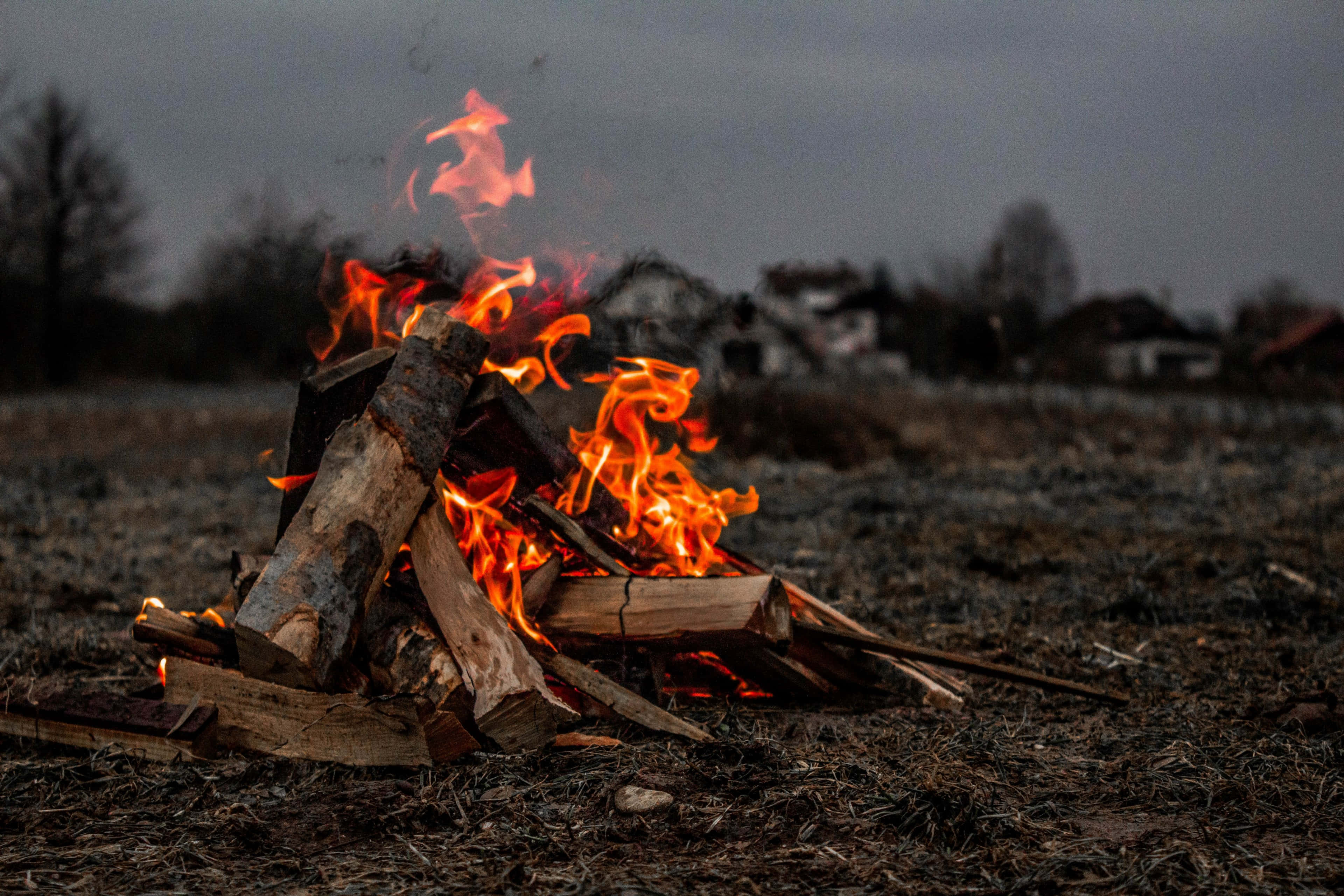 Fall Bonfire 桌布 壁紙 — 在陰沉的灰色天空下，一片貧瘠的田野中，燃燒的木堆上躍起鮮豔的橙色火焰。