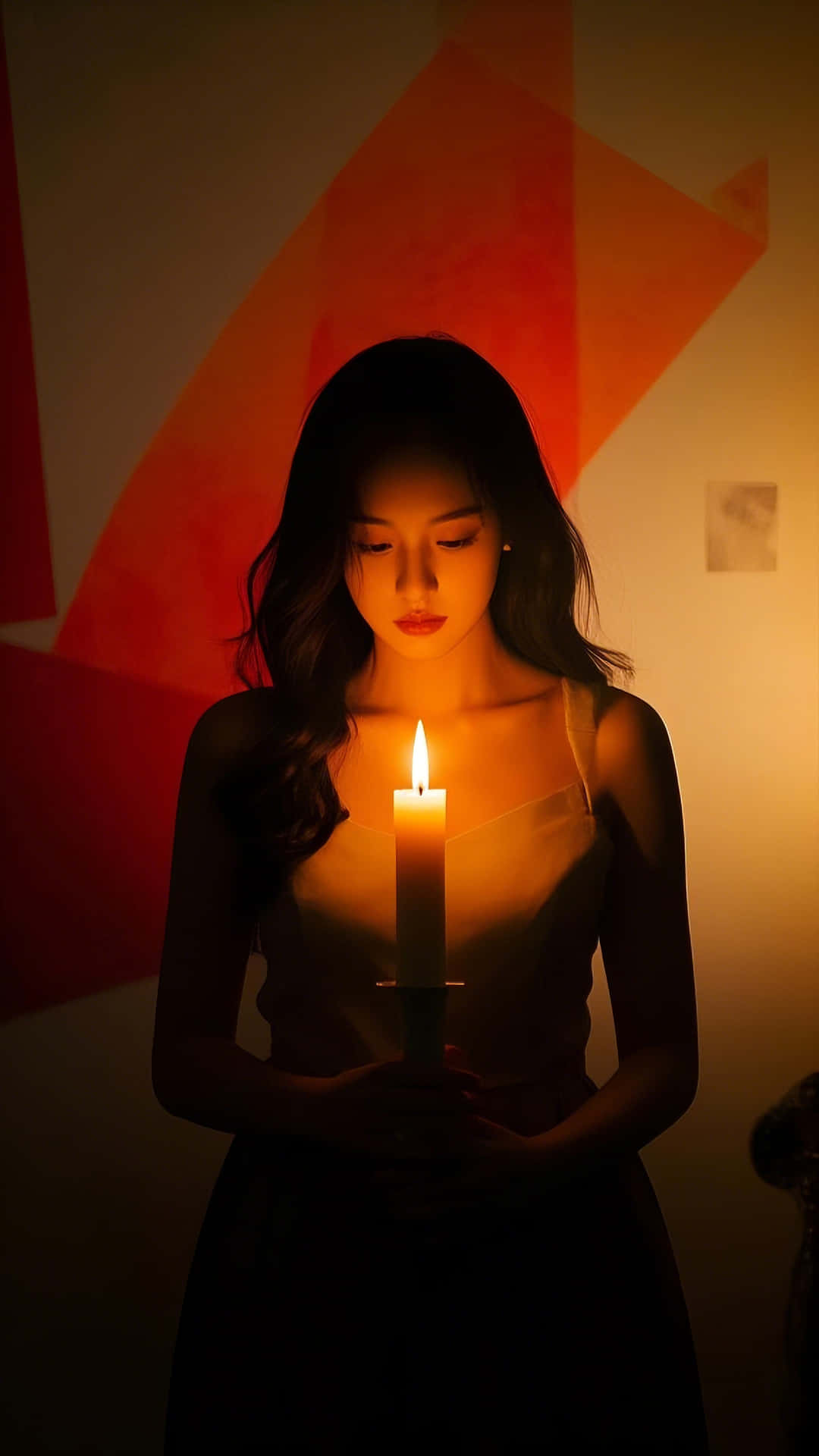 在陰鬱氛圍中，燭光映照下的女士剪影 壁紙 — 一位身穿深色連衣裙的女性手持點燃的蠟燭，溫暖的光線映照在她的臉上，背景是幾何圖案的紅色和橙色牆壁。