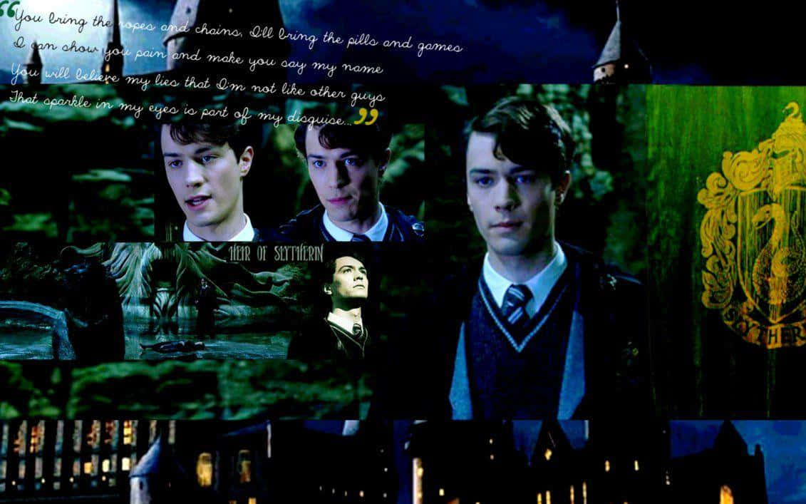 Tom Riddle 桌布 壁紙 — 在陰鬱的綠色燈光下，哈利波特角色面孔、史萊哲林徽章和城堡場景的深色拼貼畫。