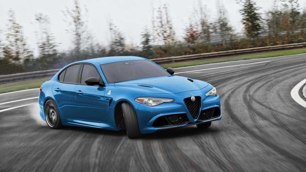 藍色愛快羅密歐房車在潮濕賽道上飄移，背景有秋樹。
