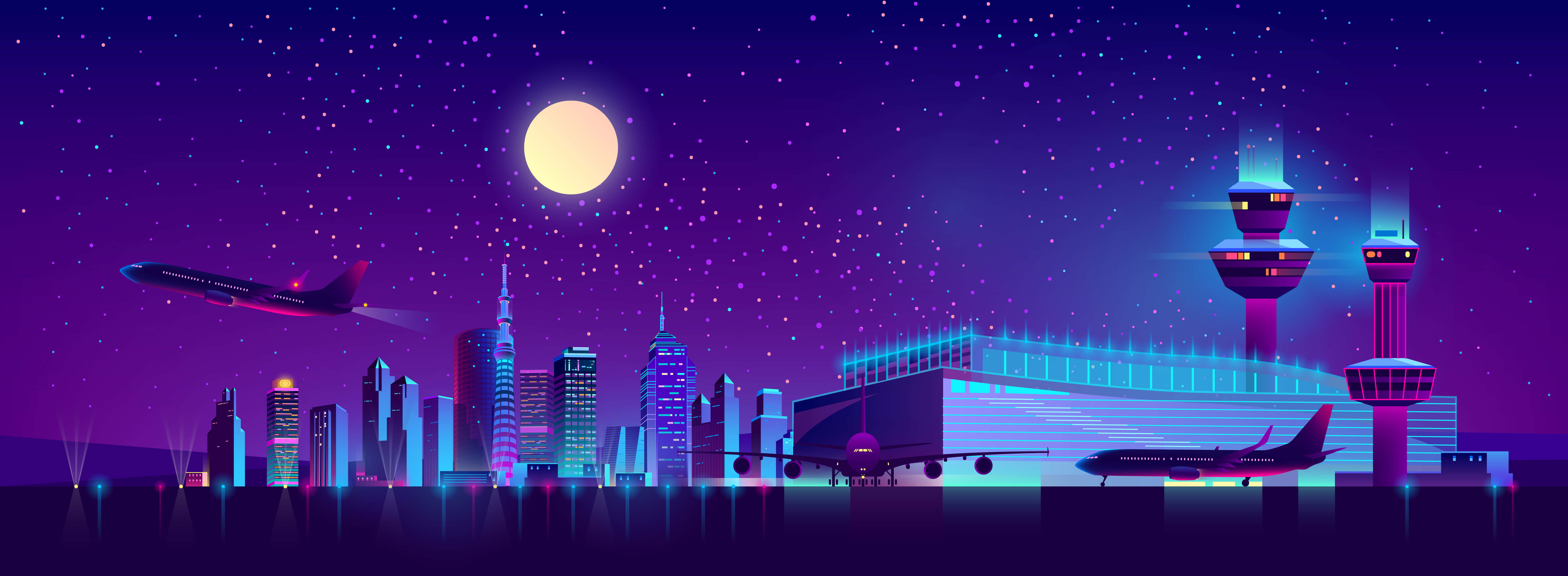 夜晚的霓虹機場天際線，飛機和發光的塔樓在滿月下。