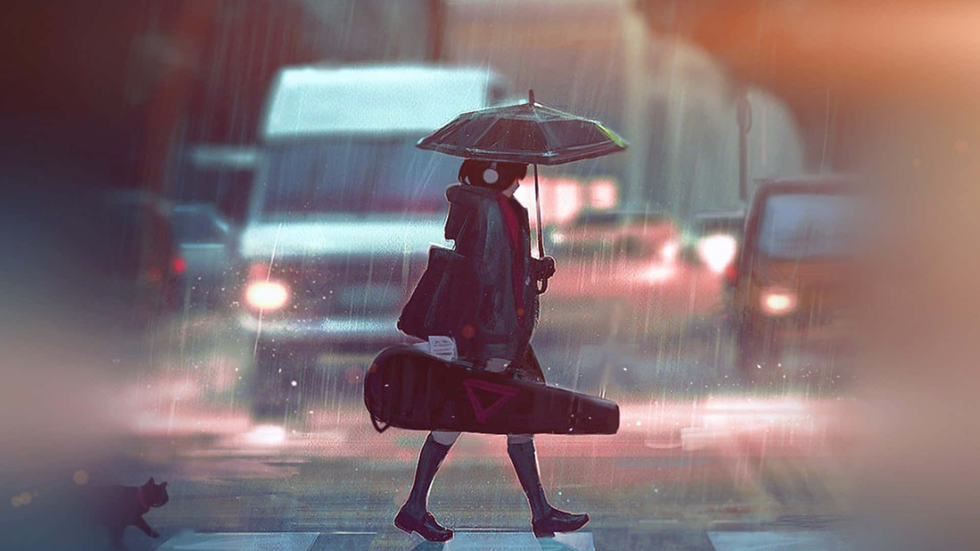 戴著耳機的人撐著雨傘，拿著結他盒，在夜晚的城市街道上雨中行走。