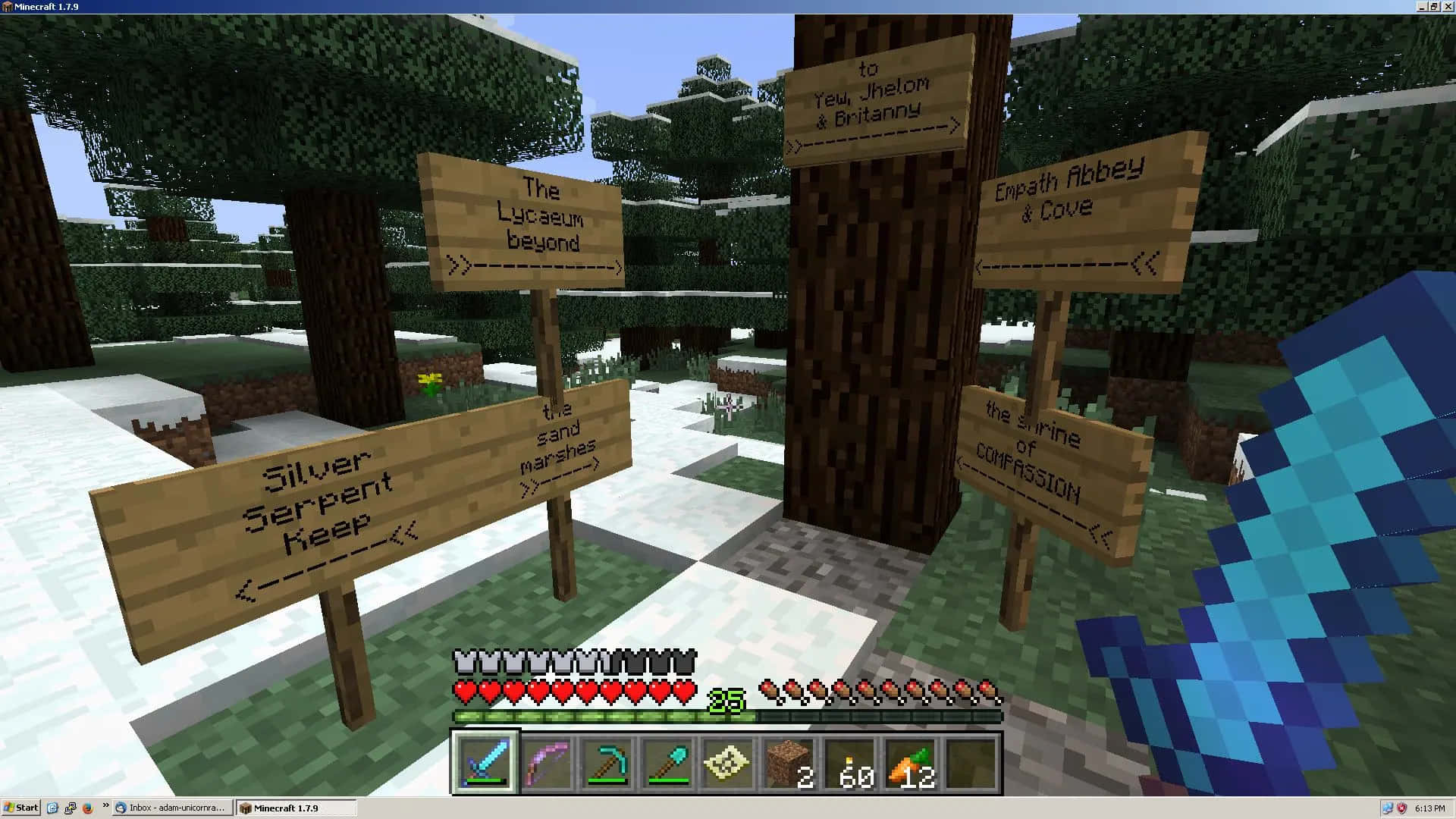 Minecraft Server 桌布 壁紙 — 在雪地森林中，一名Minecraft玩家手持鑽石劍，靠近指向「The Lycaeon beyond」和「Enpath Abbey & Cove」等地方的木製標誌牌。